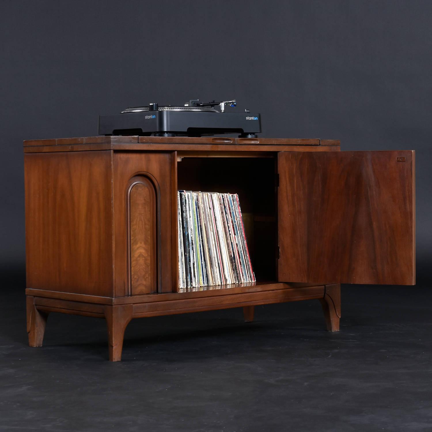 American Walnut and Burl Expanding Bar Server and Record Cabinet With Finished Back Side