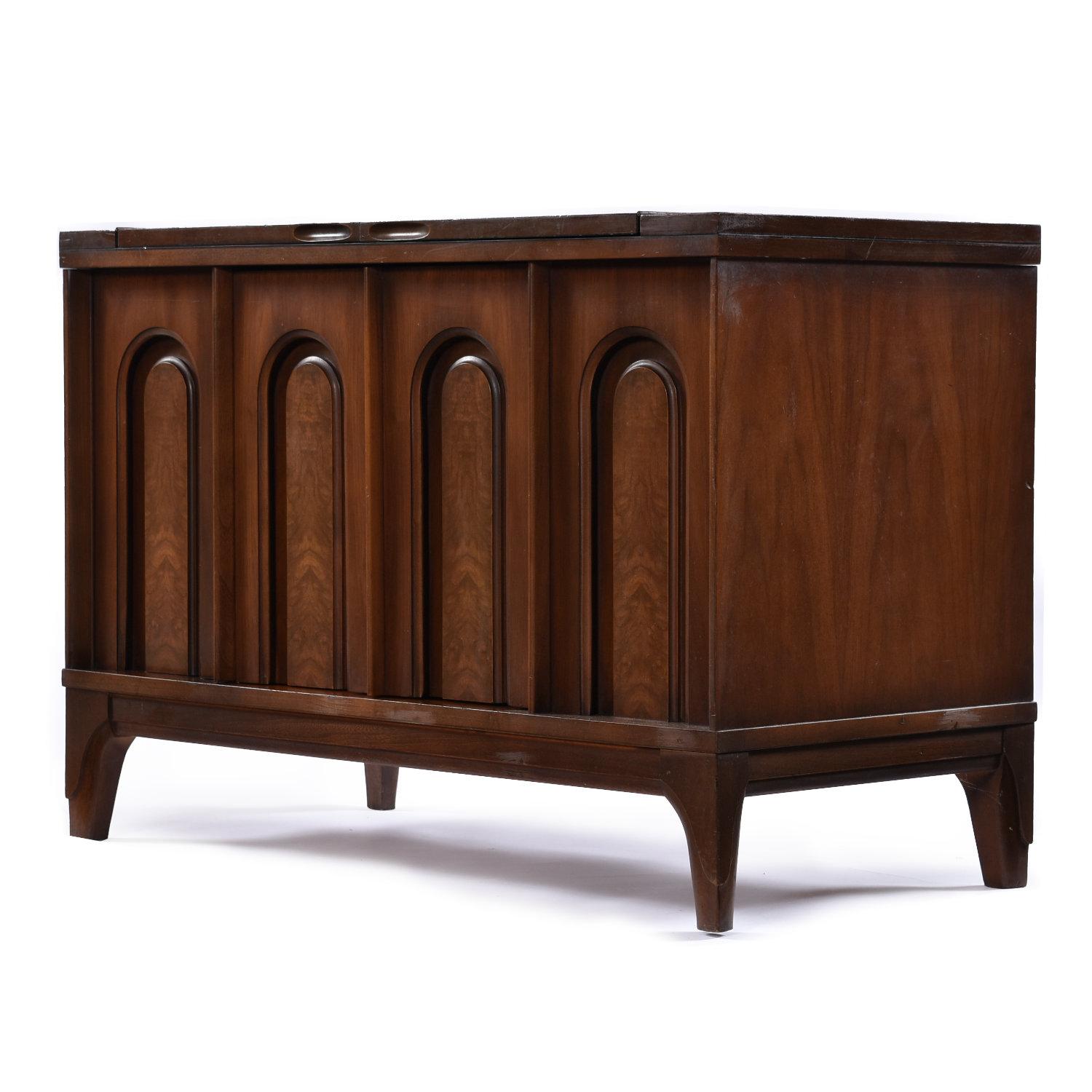 Mid-20th Century Walnut and Burl Expanding Bar Server and Record Cabinet With Finished Back Side