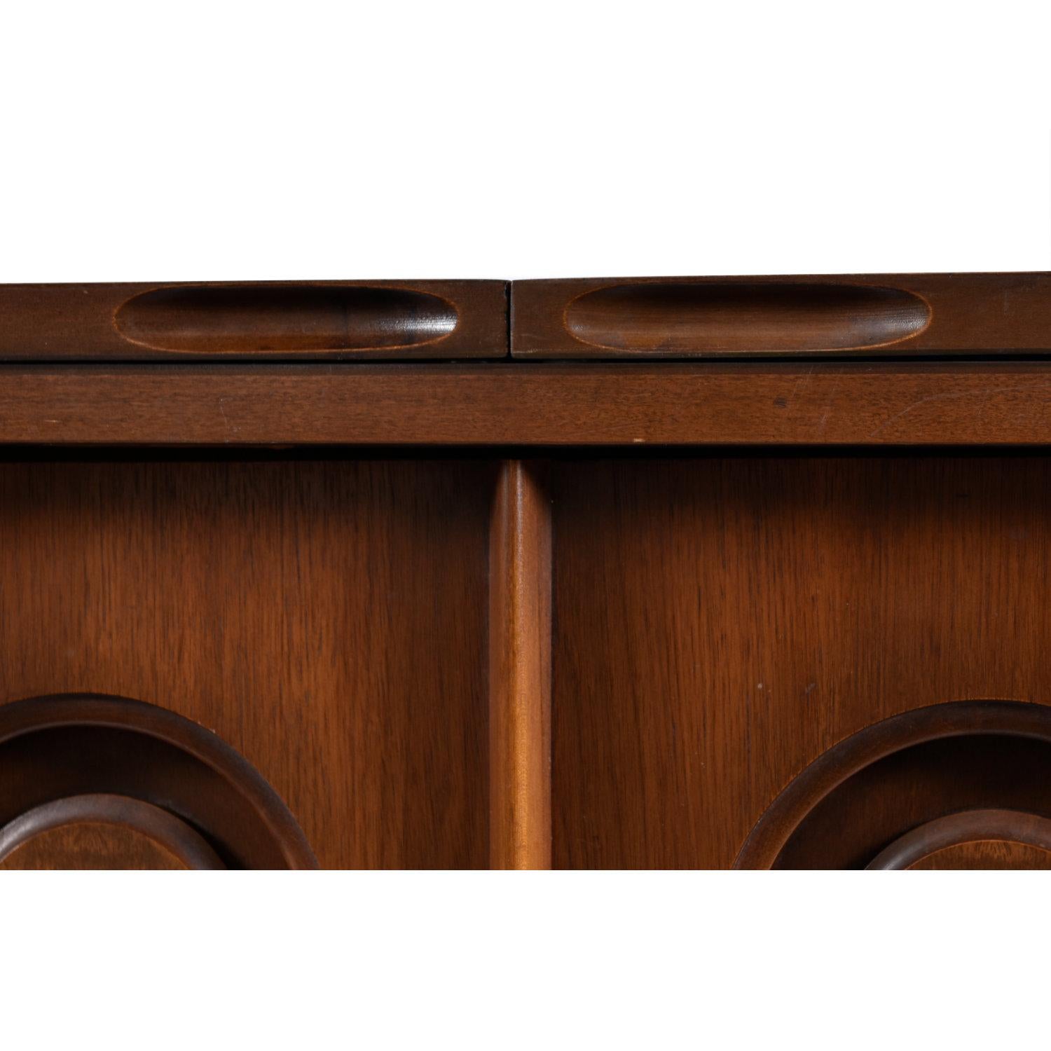 Laminate Walnut and Burl Expanding Bar Server and Record Cabinet With Finished Back Side