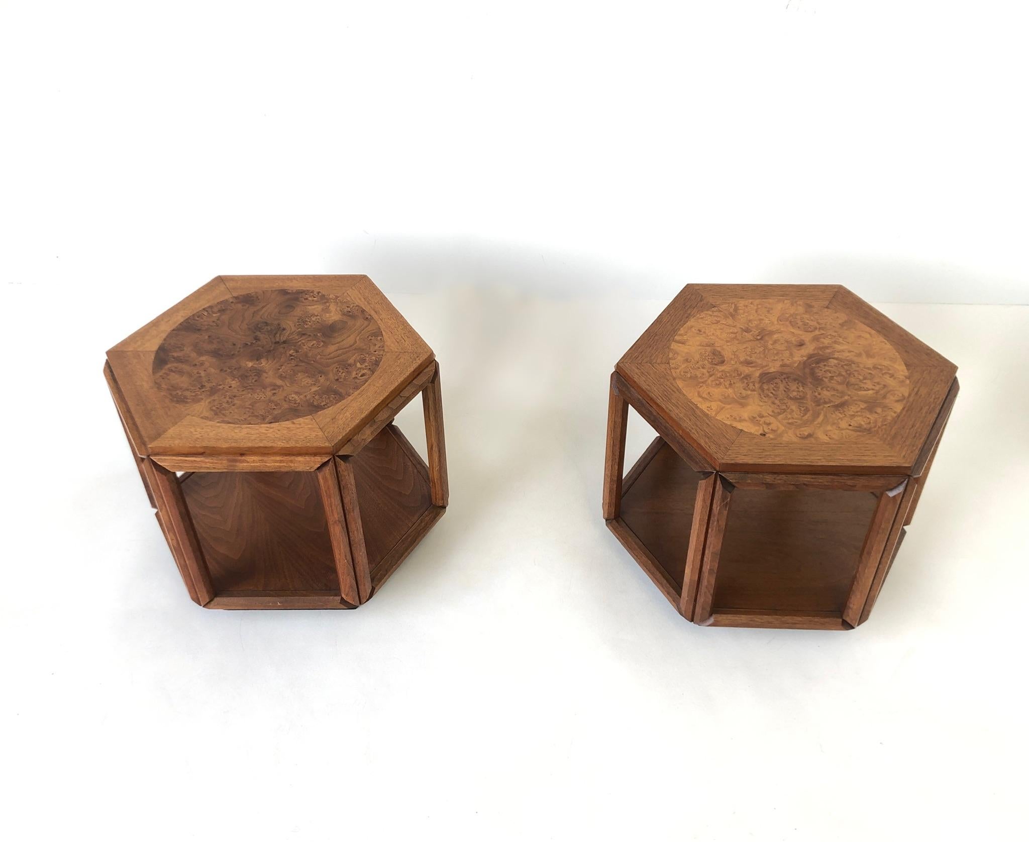 Mid-Century Modern Walnut and Burl Wood Hexagonal Side Tables by John Keal for Brown Saltman