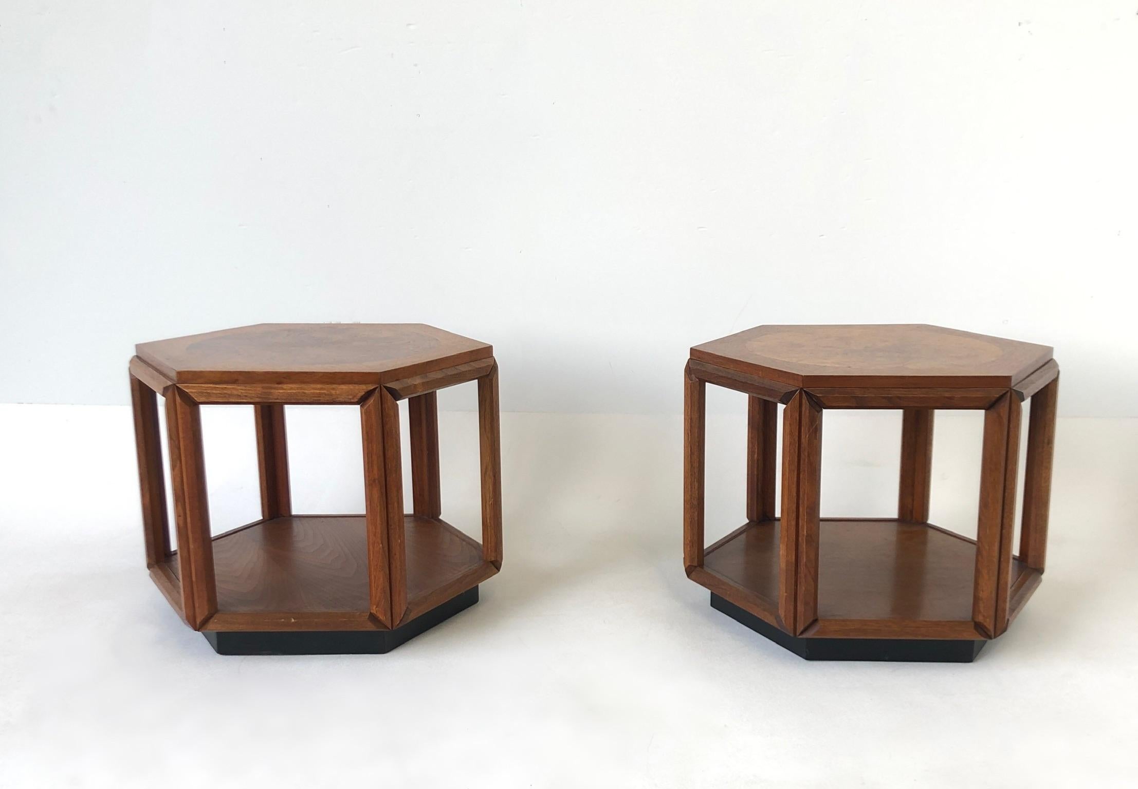 American Walnut and Burl Wood Hexagonal Side Tables by John Keal for Brown Saltman