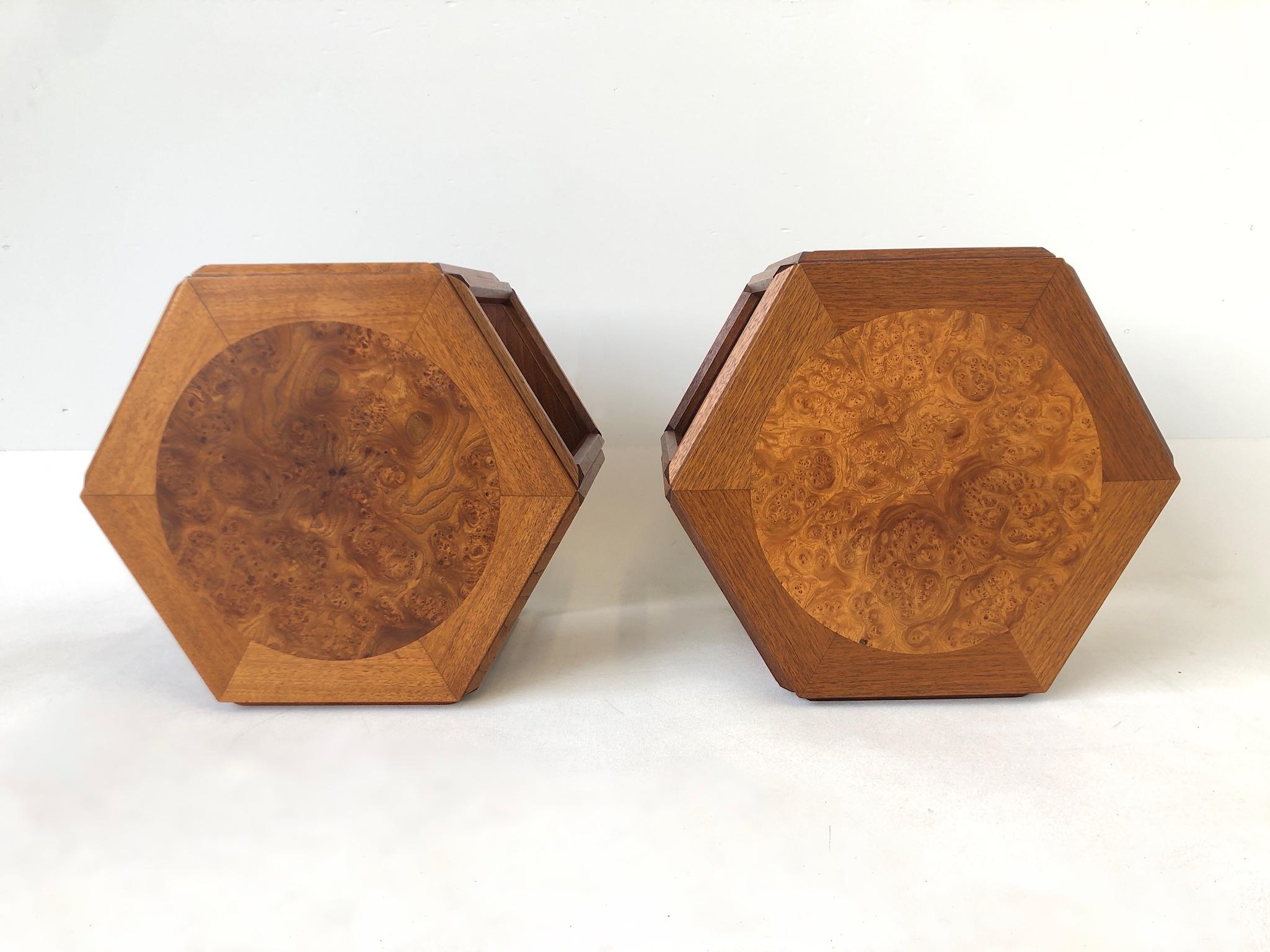 Stained Walnut and Burl Wood Hexagonal Side Tables by John Keal for Brown Saltman