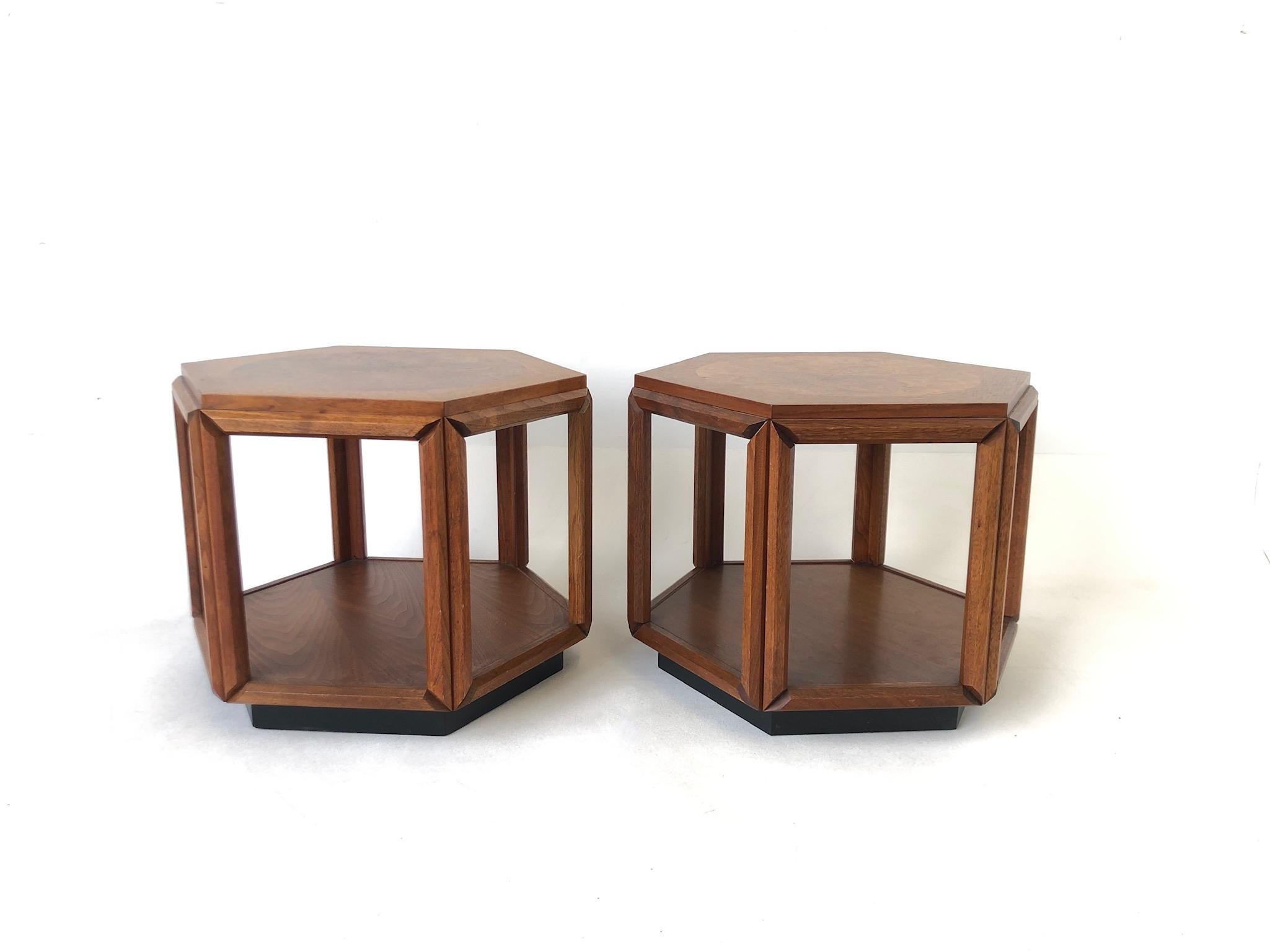 Walnut and Burl Wood Hexagonal Side Tables by John Keal for Brown Saltman In Good Condition In Palm Springs, CA