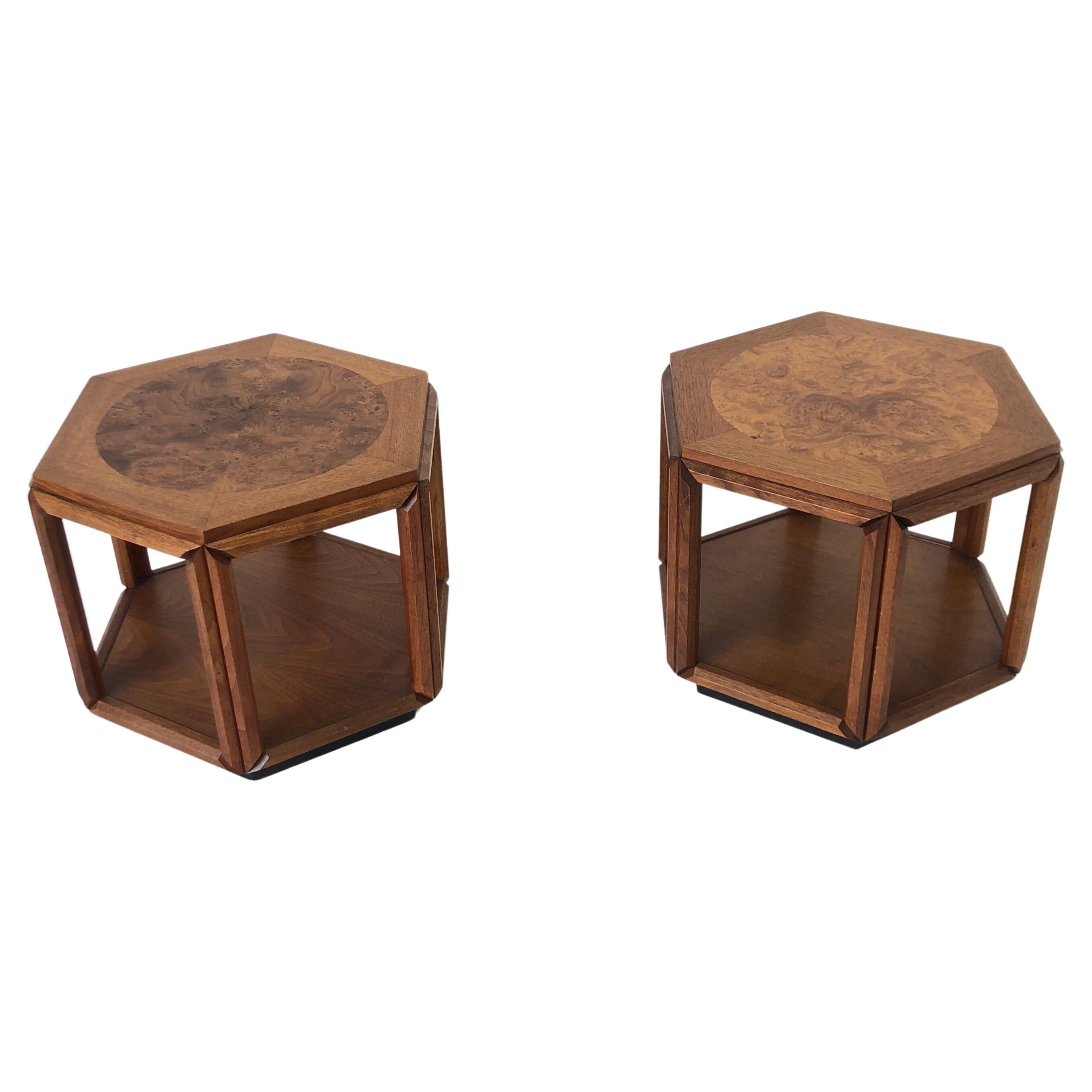 Walnut and Burl Wood Hexagonal Side Tables by John Keal for Brown Saltman