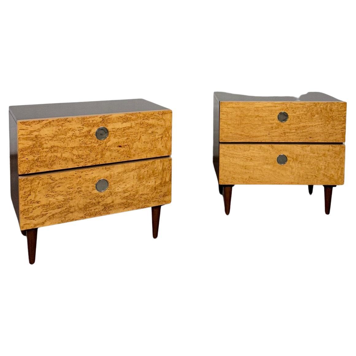 1950s Nightstands, Walnut Bicolor, Burl and Maple Inlaid Golden Brass