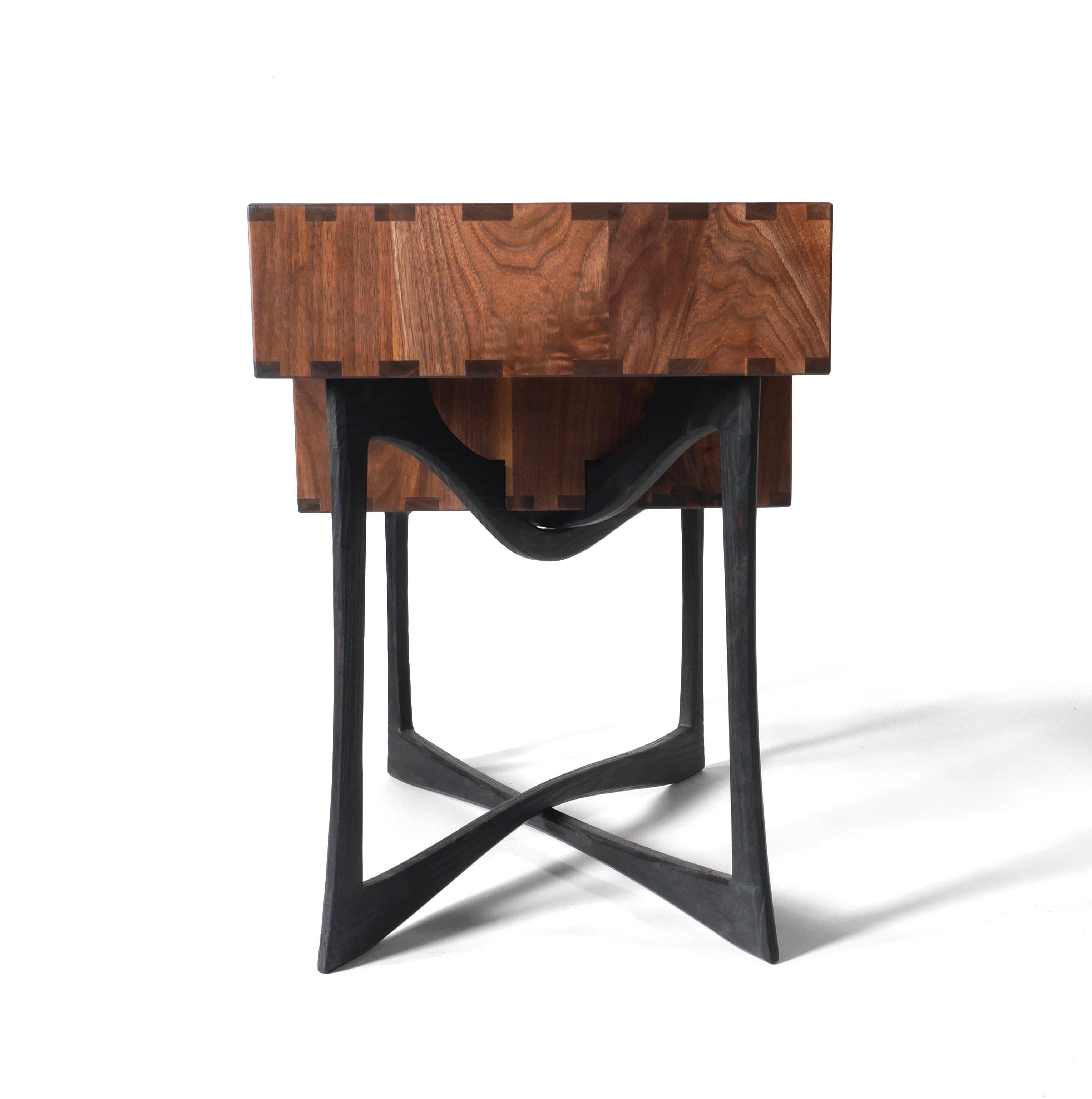 Modern Walnut and Burnt Ash Coriolis Side Table, Three Drawer Nightstand / End Table For Sale