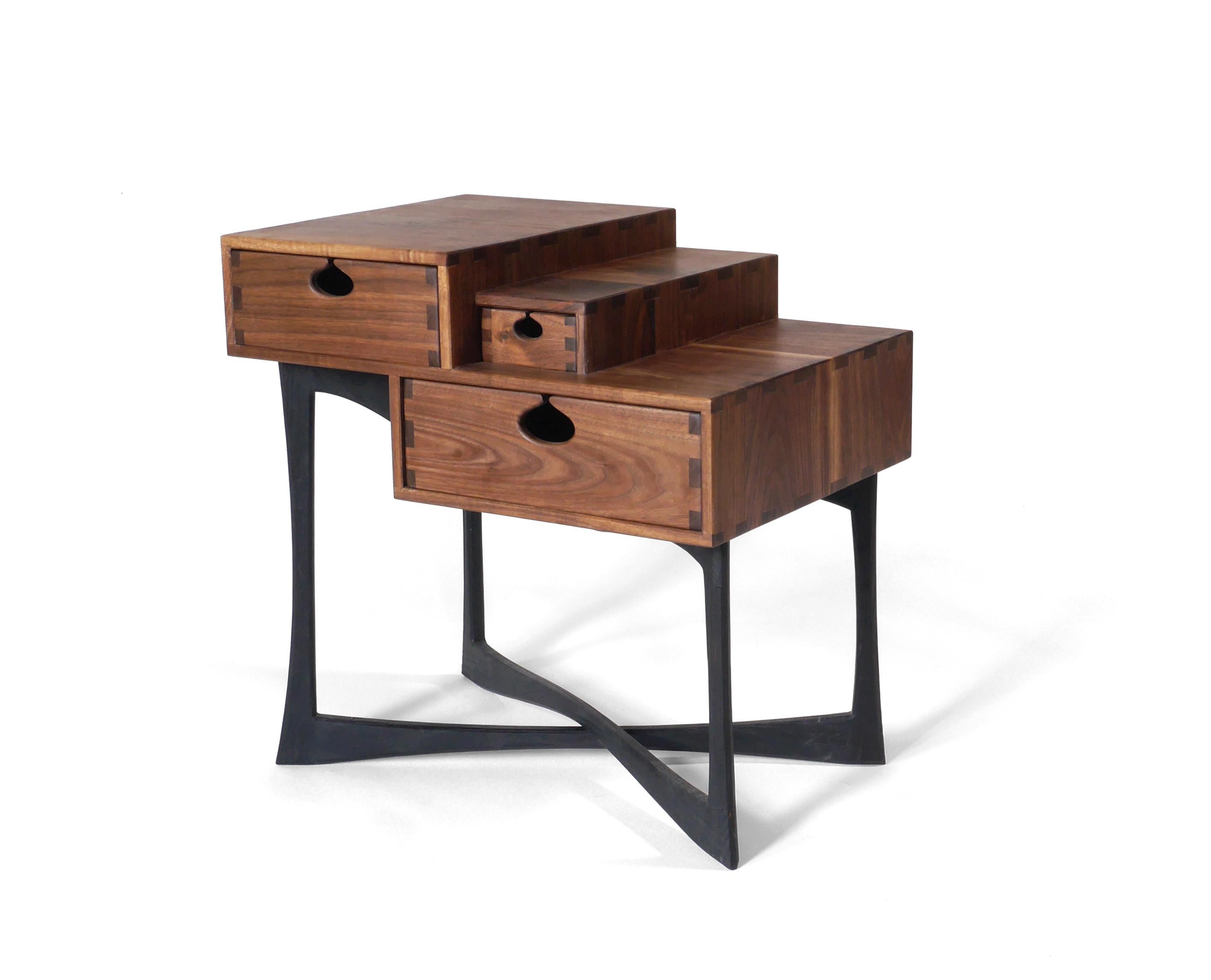 American Walnut and Burnt Ash Coriolis Side Table, Three Drawer Nightstand / End Table For Sale