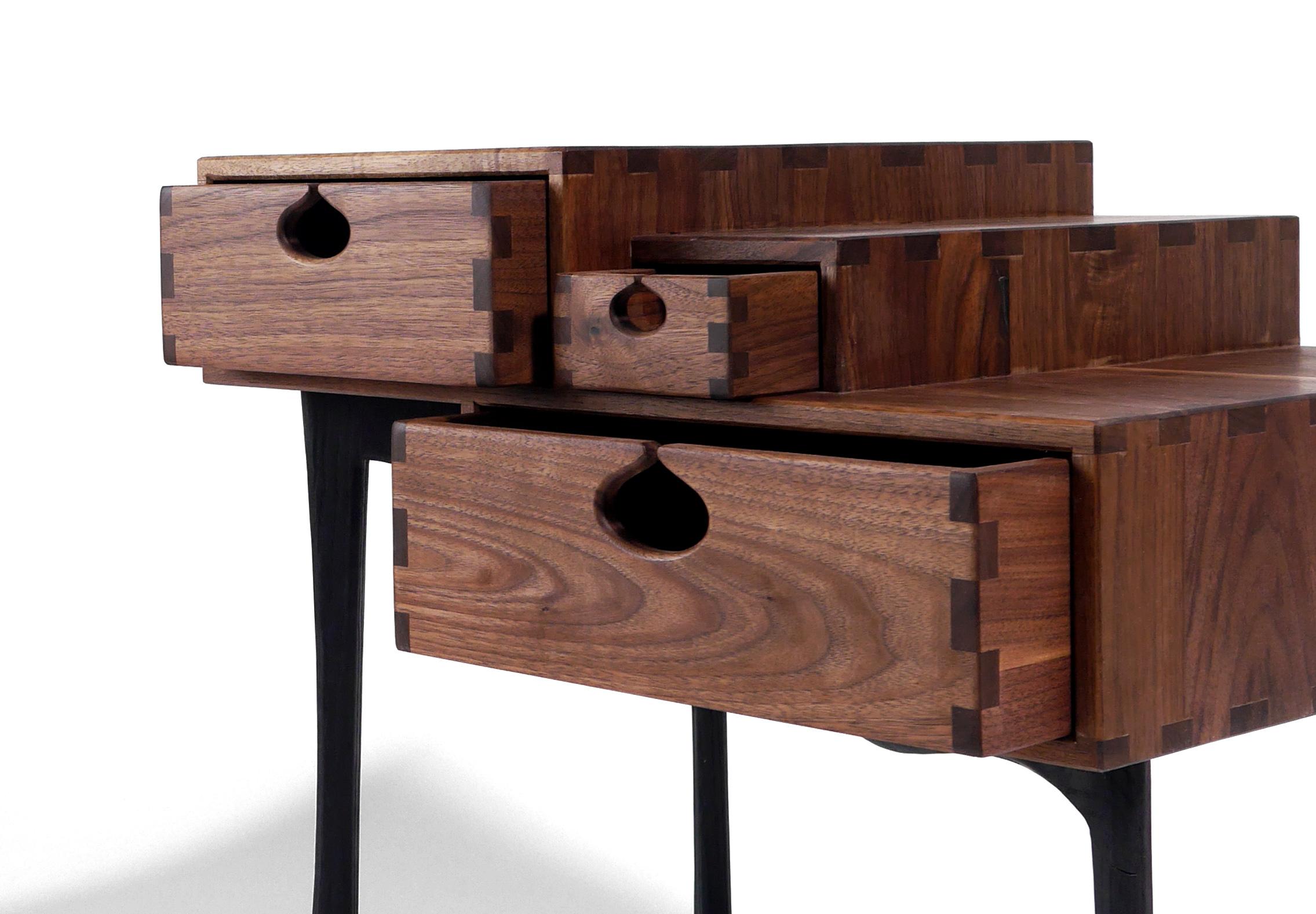 Hand-Crafted Walnut and Burnt Ash Coriolis Side Table, Three Drawer Nightstand / End Table For Sale
