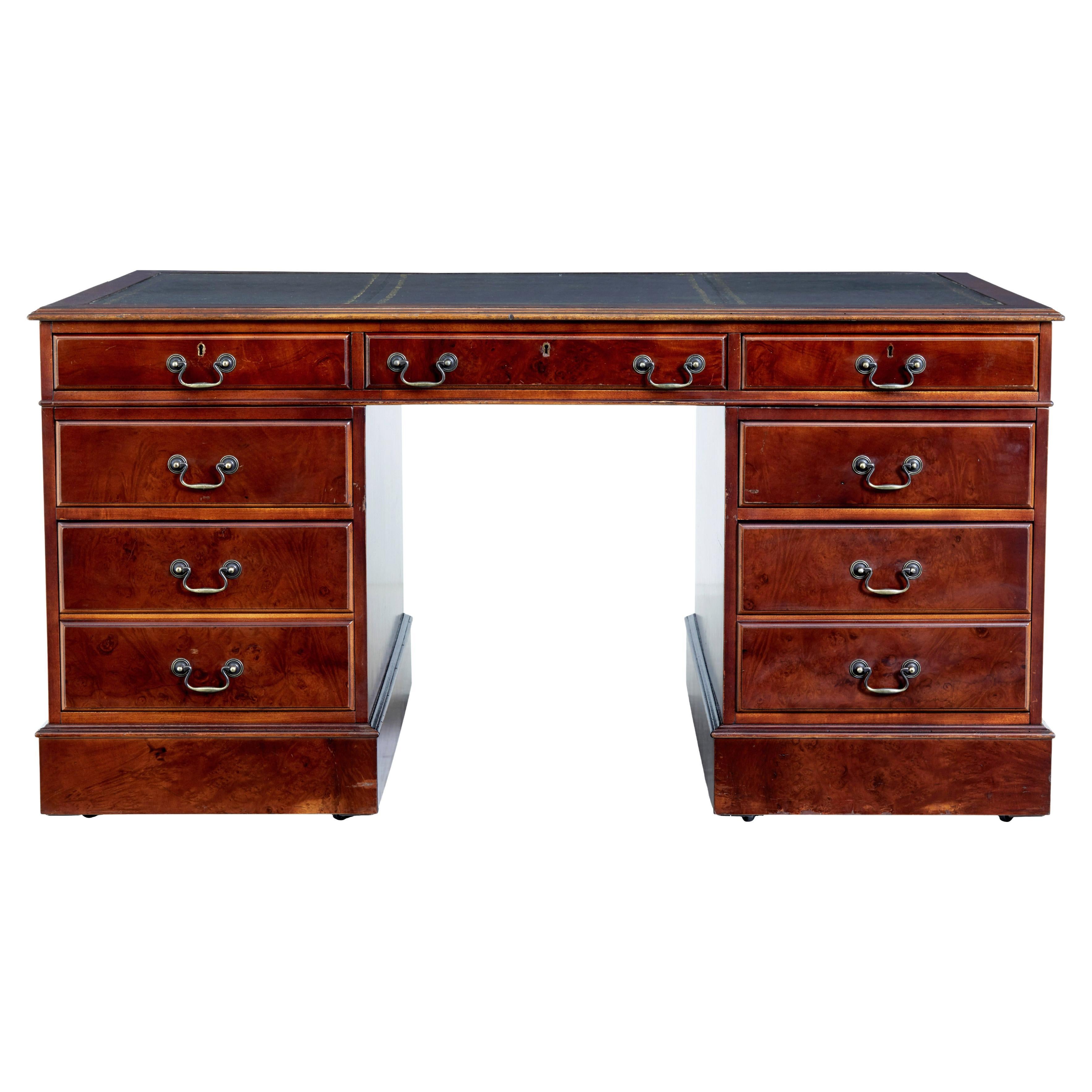 Walnut and burr leather top pedestal desk