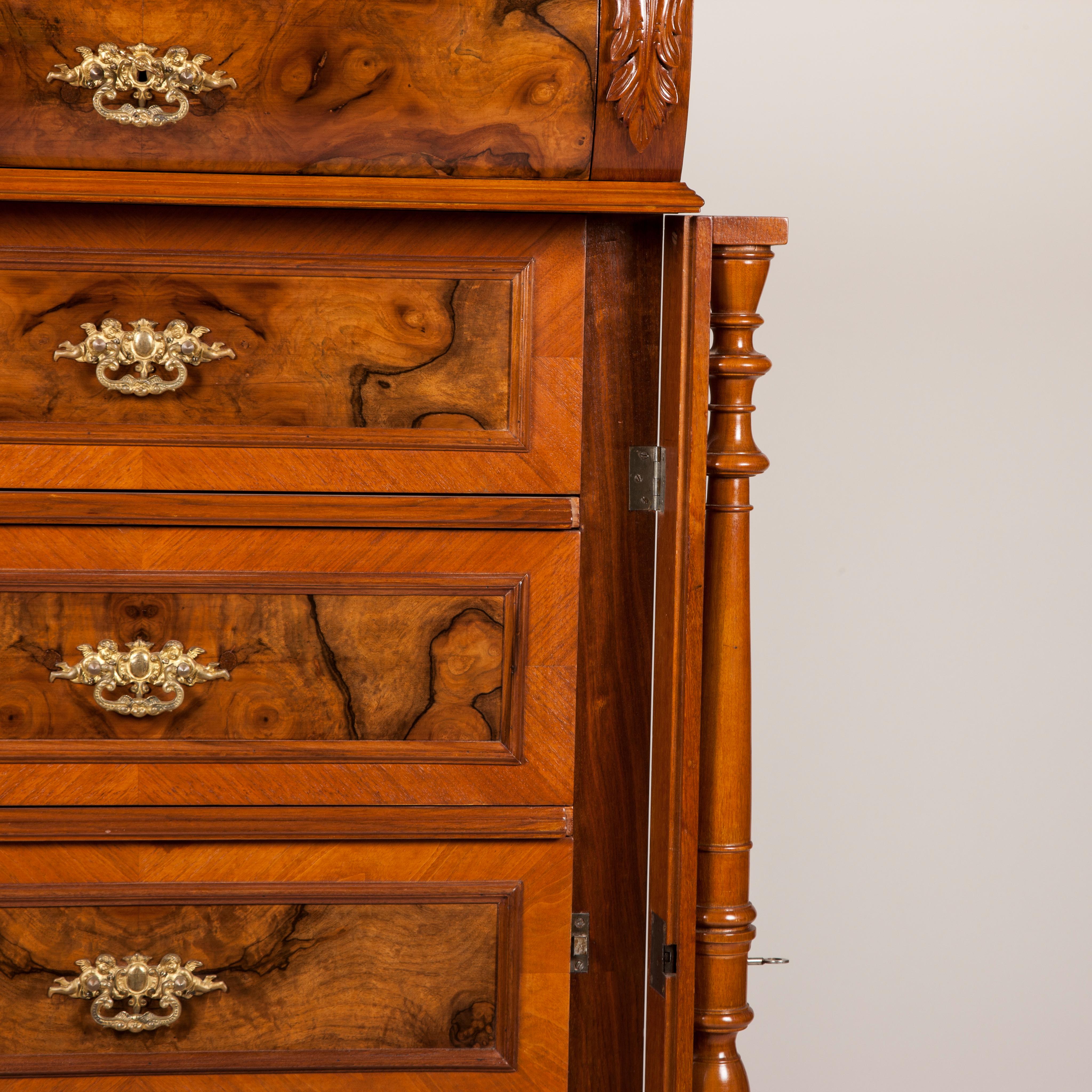 Walnut and Burr Walnut Chest of Drawers For Sale 1