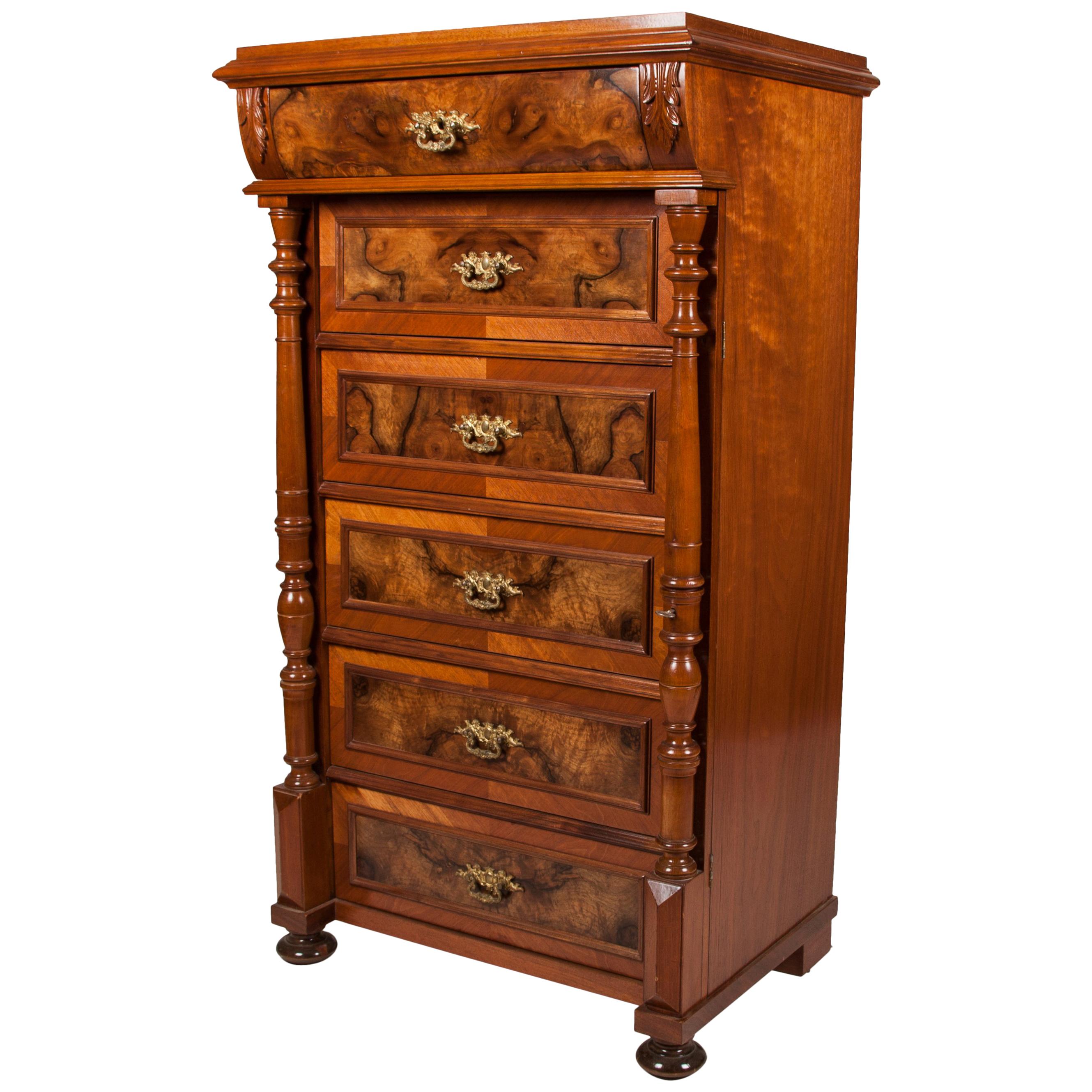 Walnut and Burr Walnut Chest of Drawers