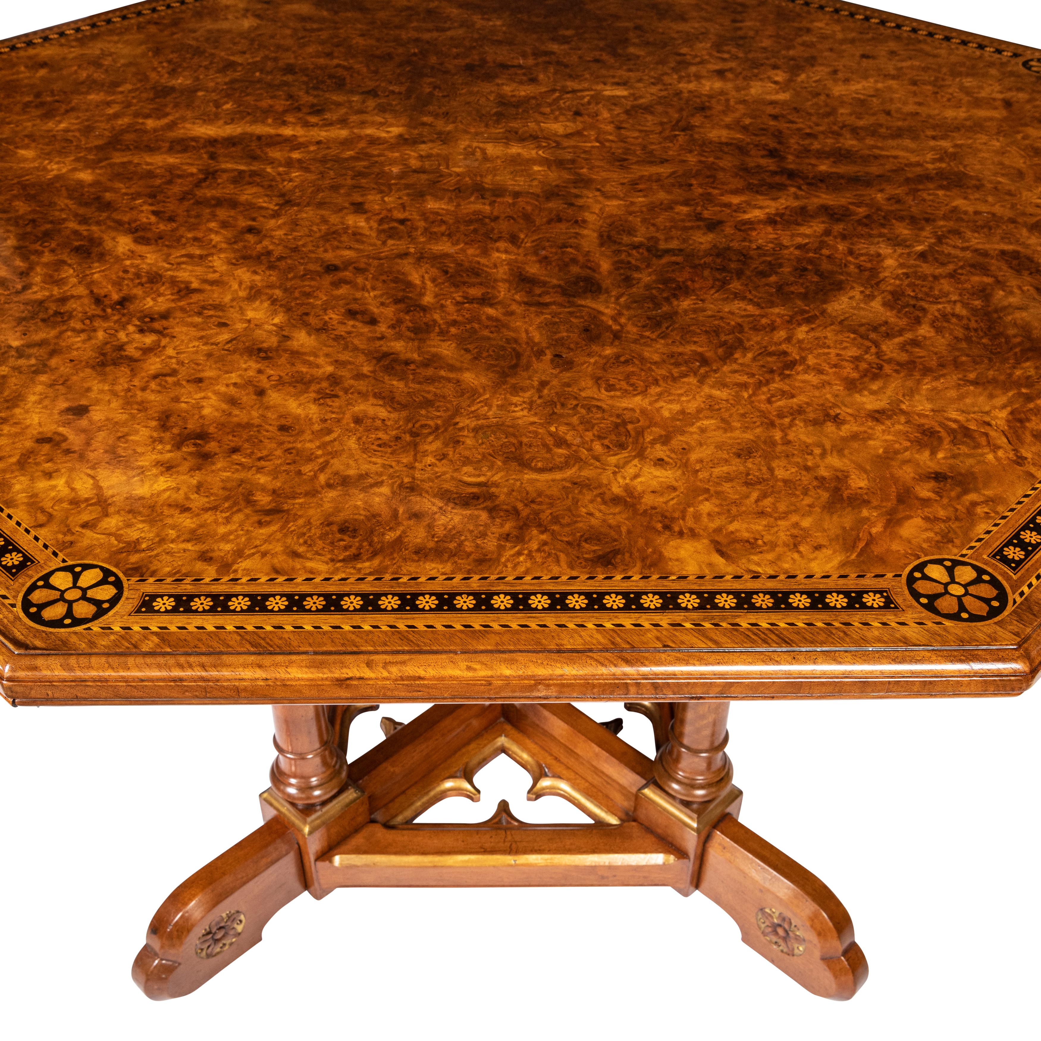 British Walnut and Burr Walnut Octagonal Centre Table, England circa 1870