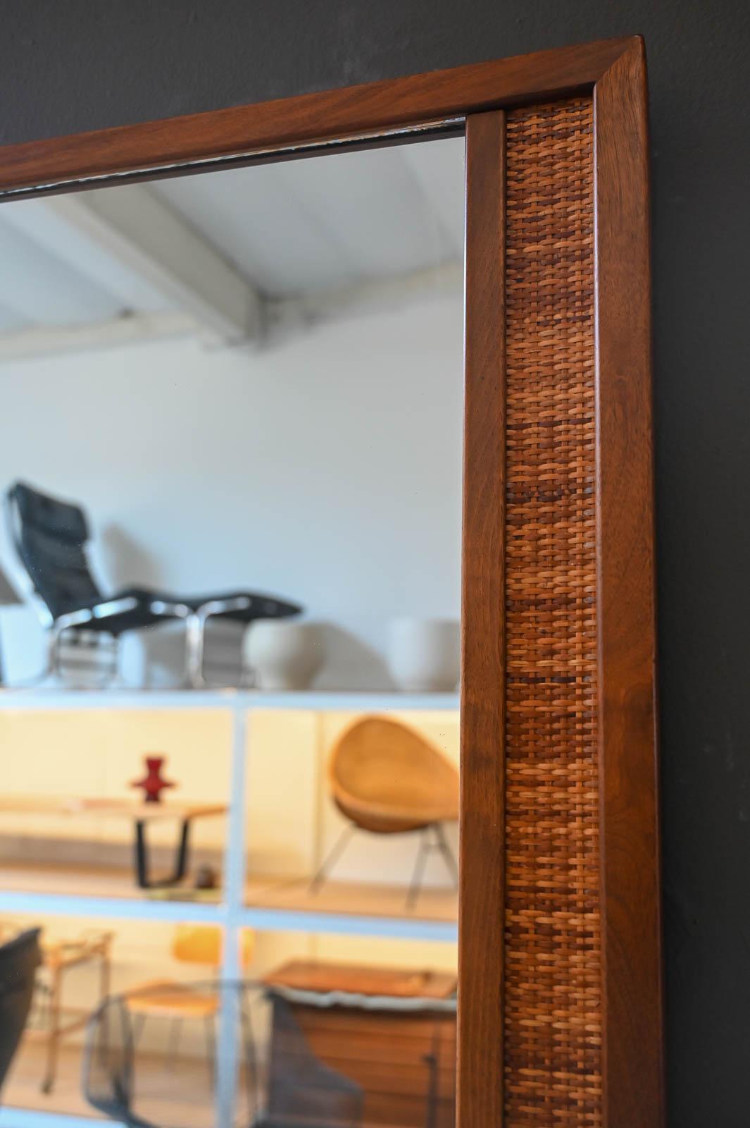Walnut and Cane Wall Mirror by Drexel, ca. 1965 In Good Condition In Costa Mesa, CA