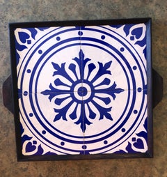 Walnut and Ceramic Tile Scandinavian Tray with Handles