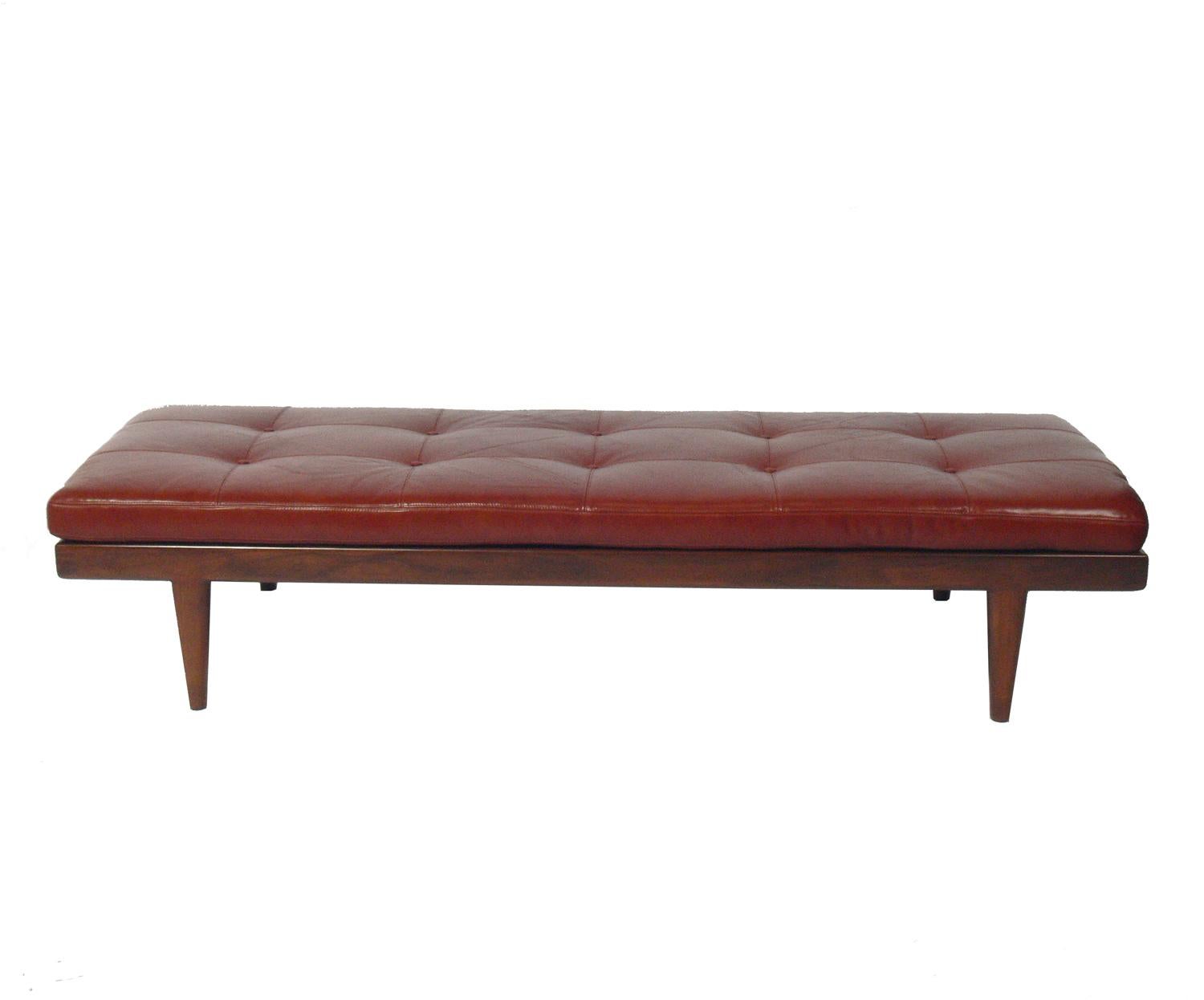 Walnut and cognac leather daybed, American, circa 2000s. Beautiful joinery and construction. It was made circa 2008 and has seen very little use.