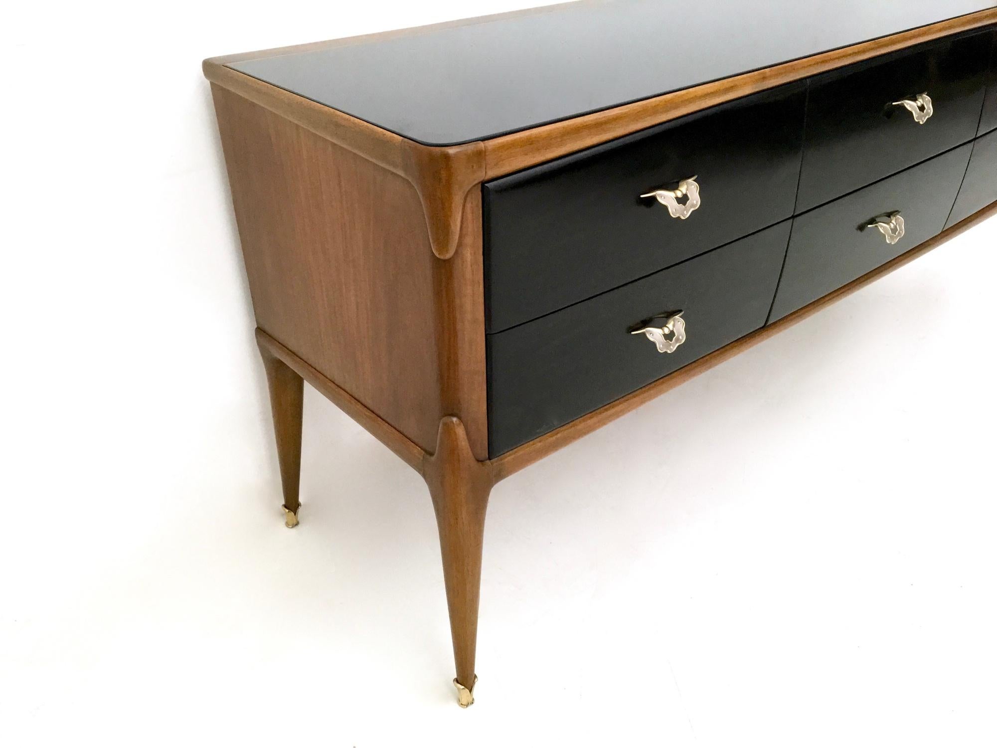 Walnut and Ebonized Wood Dresser with a Back-Painted Glass Top, Italy, 1950s 7