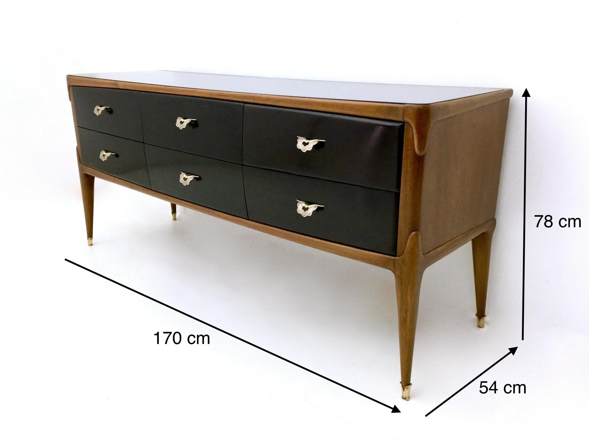 Walnut and Ebonized Wood Dresser with a Back-Painted Glass Top, Italy, 1950s 10