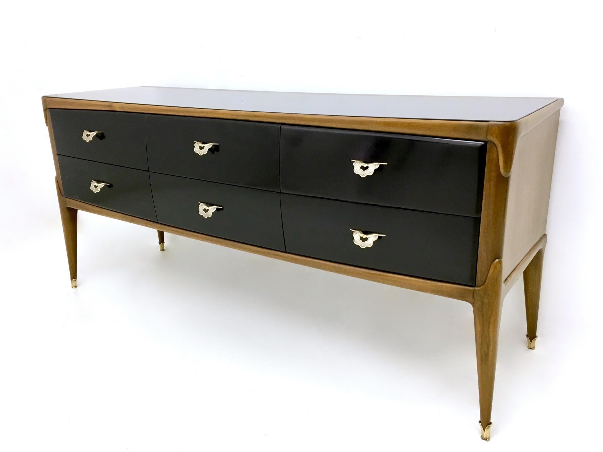 Italian Walnut and Ebonized Wood Dresser with a Back-Painted Glass Top, Italy, 1950s