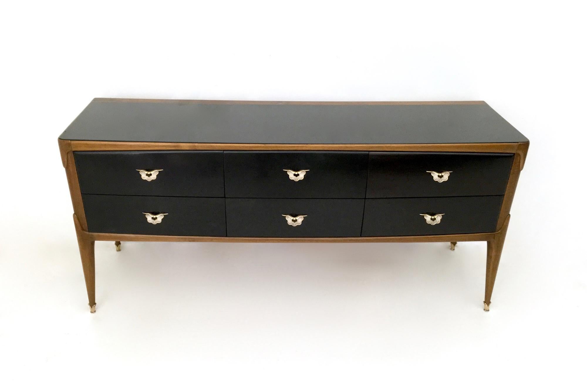 Walnut and Ebonized Wood Dresser with a Back-Painted Glass Top, Italy, 1950s 1