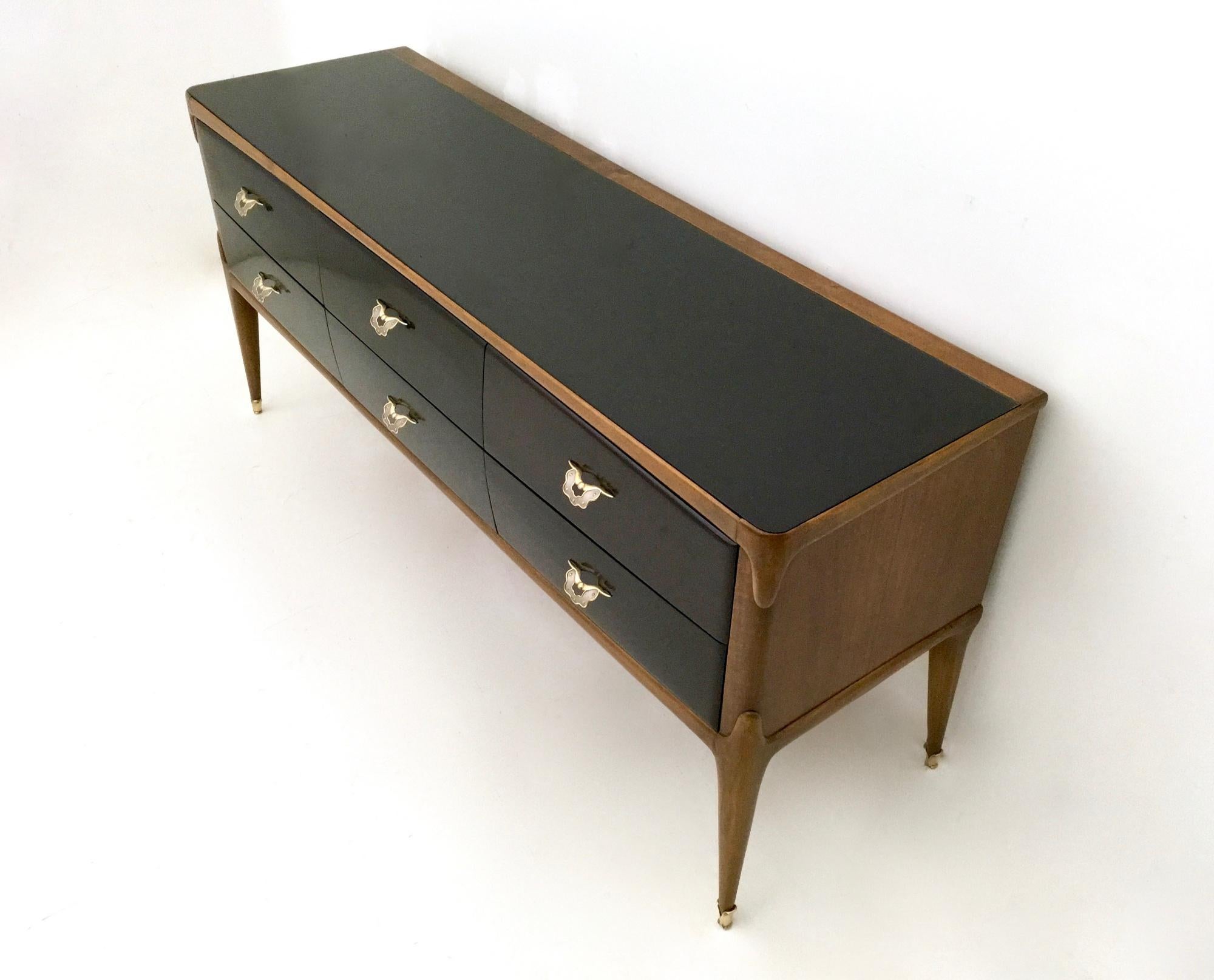 Walnut and Ebonized Wood Dresser with a Back-Painted Glass Top, Italy, 1950s 2