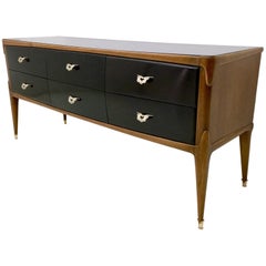 Walnut and Ebonized Wood Dresser with a Back-Painted Glass Top, Italy, 1950s