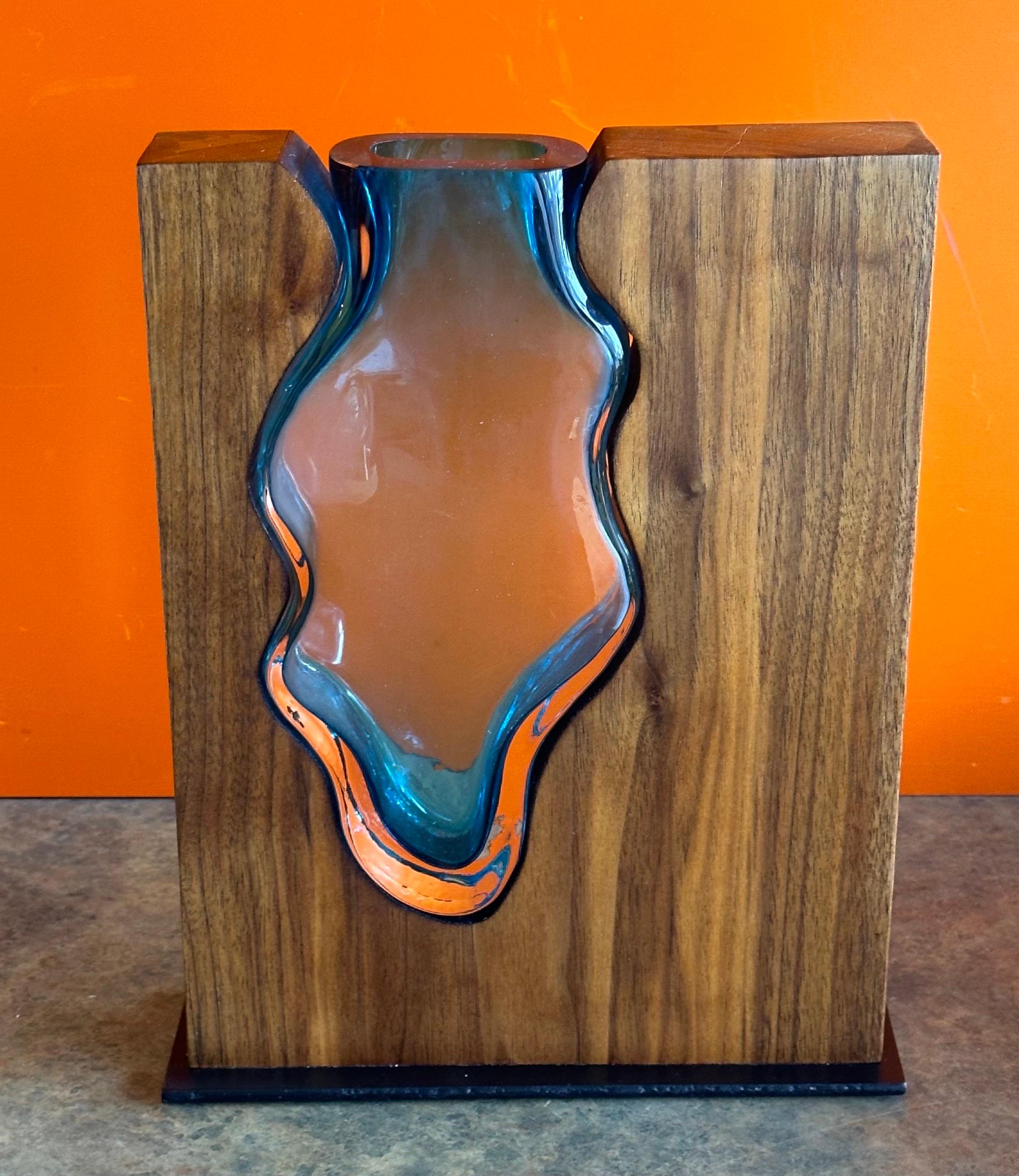 American Walnut and Emerald Art Glass Vase by Scott Slagerman For Sale