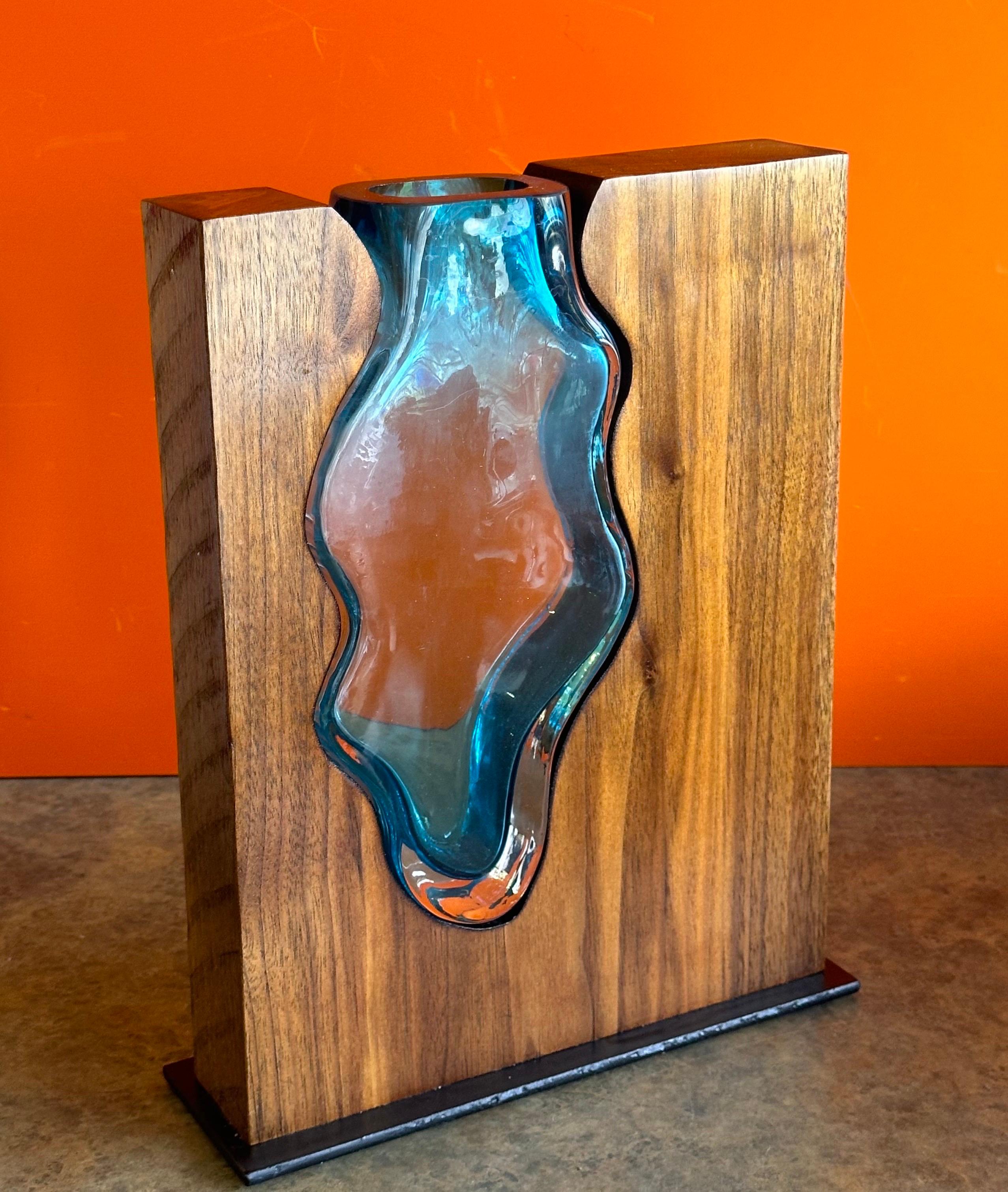 Contemporary Walnut and Emerald Art Glass Vase by Scott Slagerman For Sale