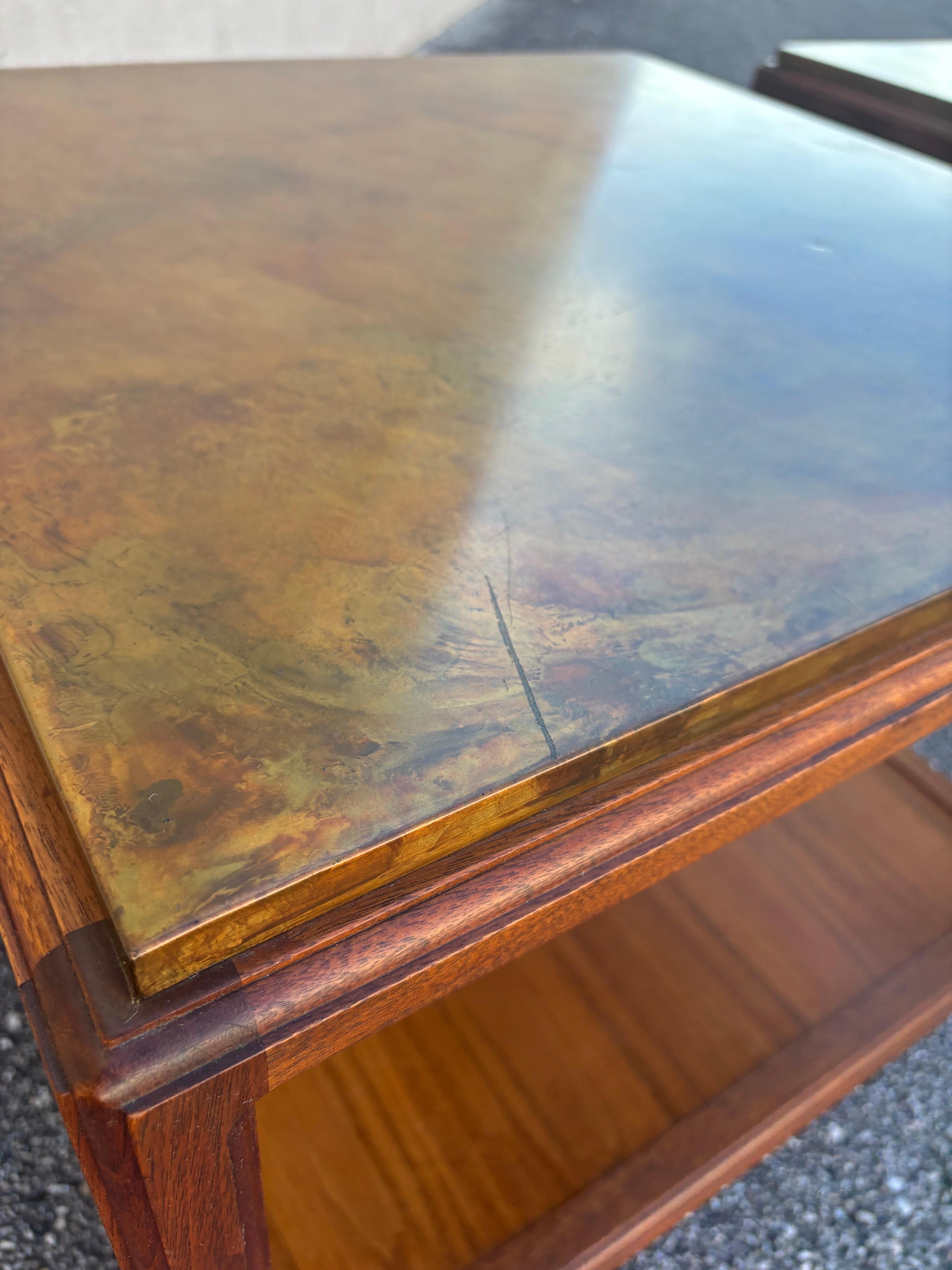 Walnut and Etched Brass side tables by Harry Lunstead For Sale 4