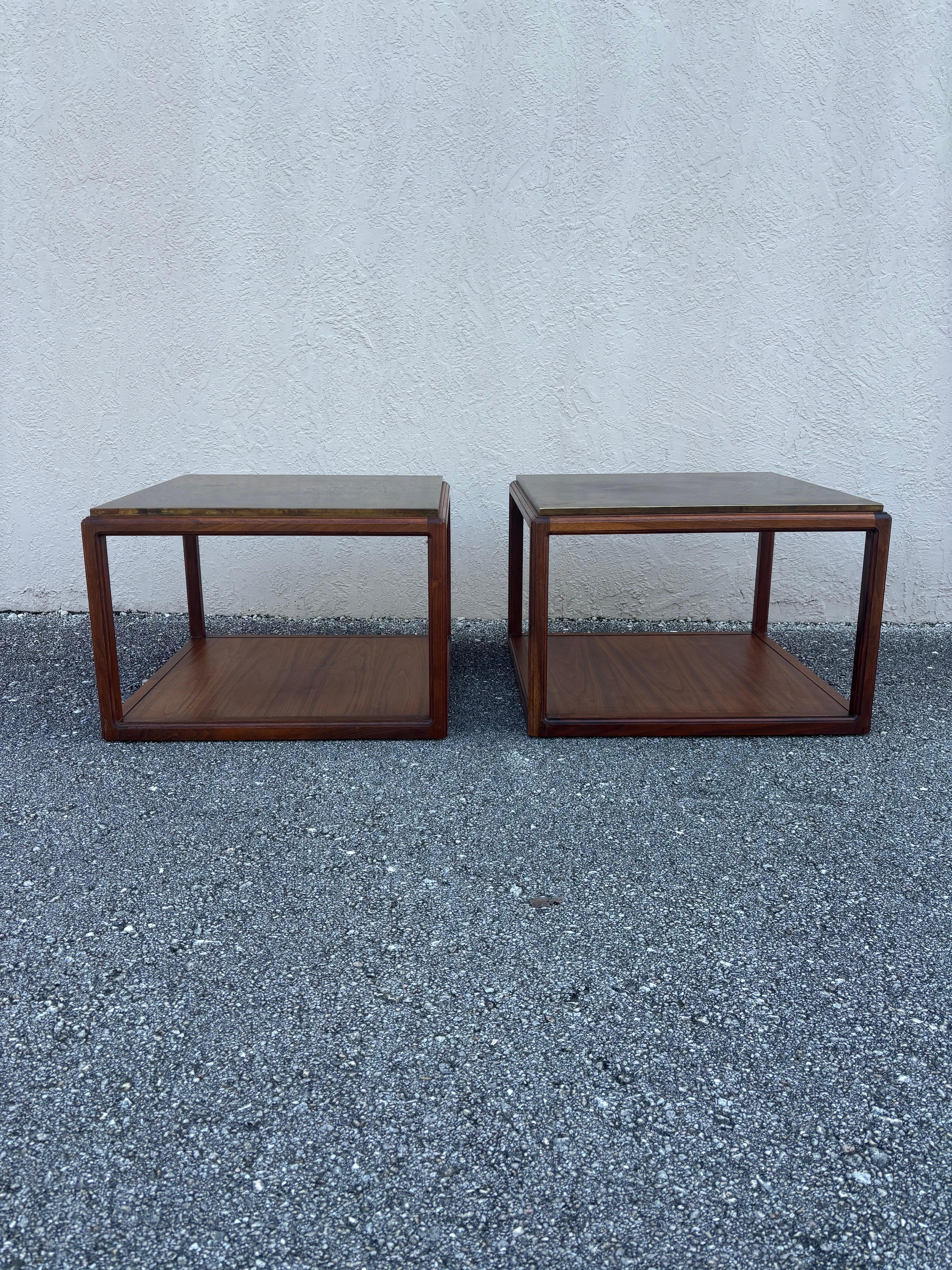 Exceptional pair of side tables attributed to Harry Lunstead. A Seattle based artist and designed. Known for his work with metals and using acids and stains to etch and create a unique patina on each piece. 

The tables are simple and classy. Solid