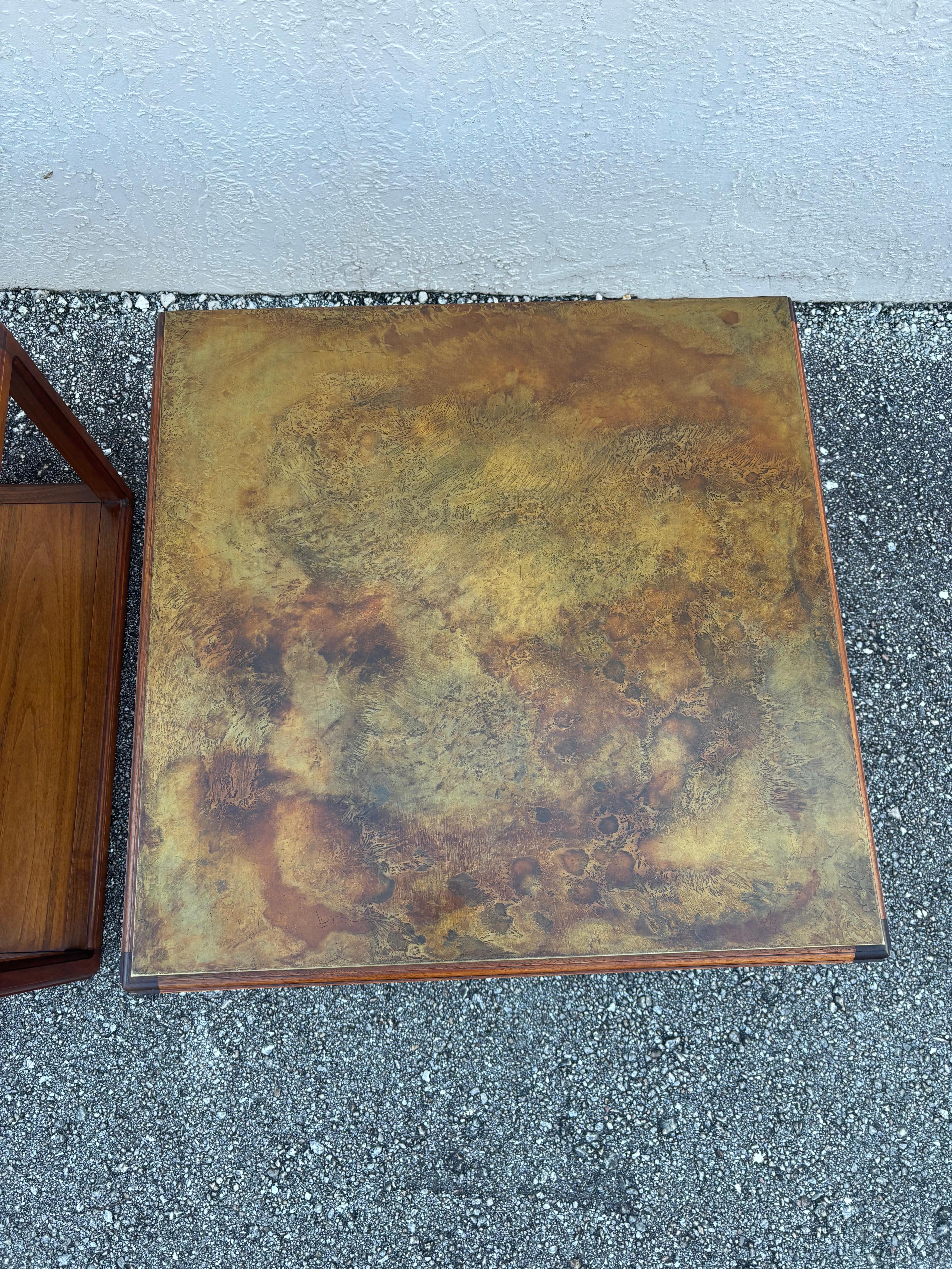 Walnut and Etched Brass side tables by Harry Lunstead In Good Condition For Sale In Boynton Beach, FL