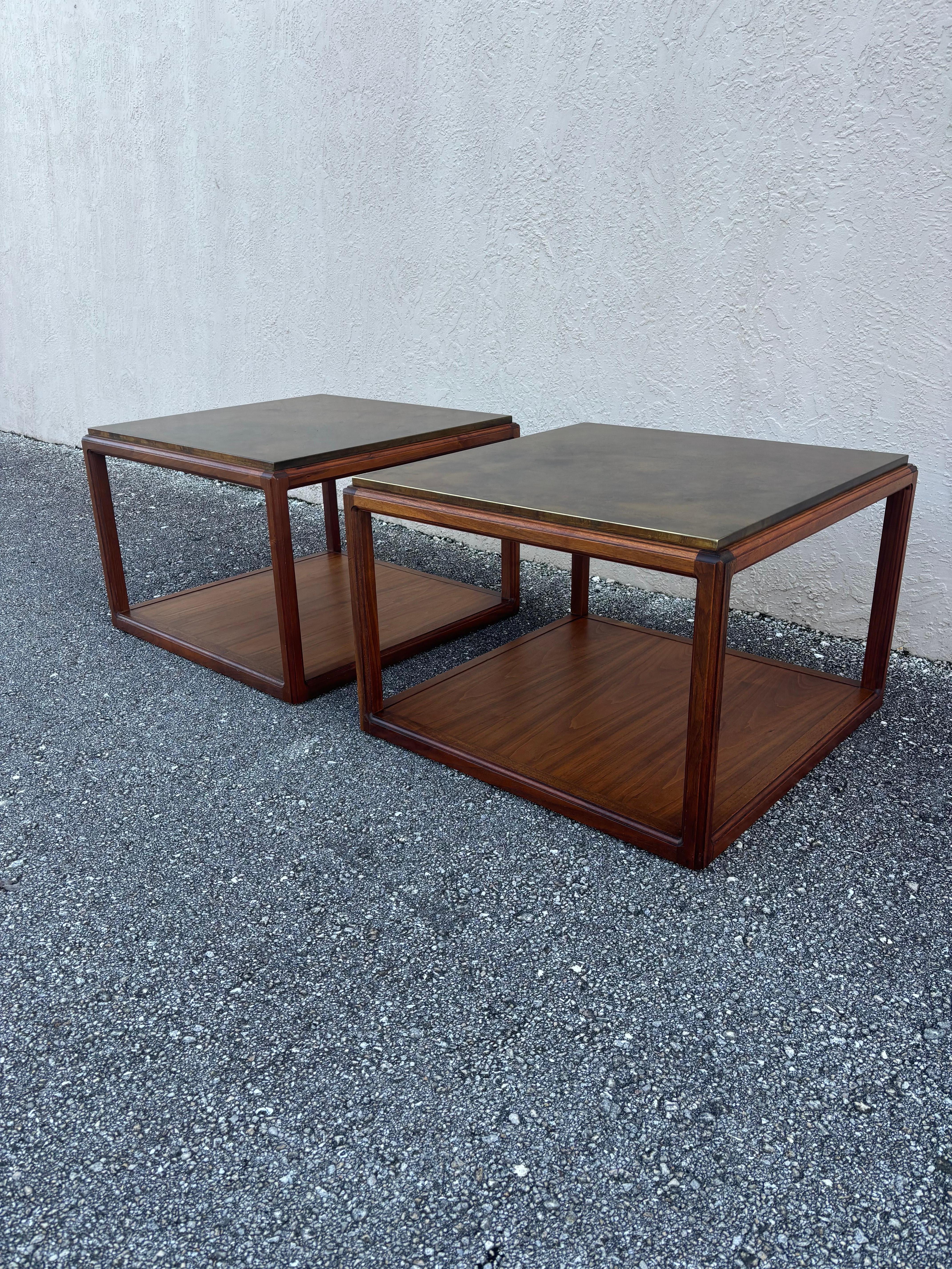 Metal Walnut and Etched Brass side tables by Harry Lunstead For Sale