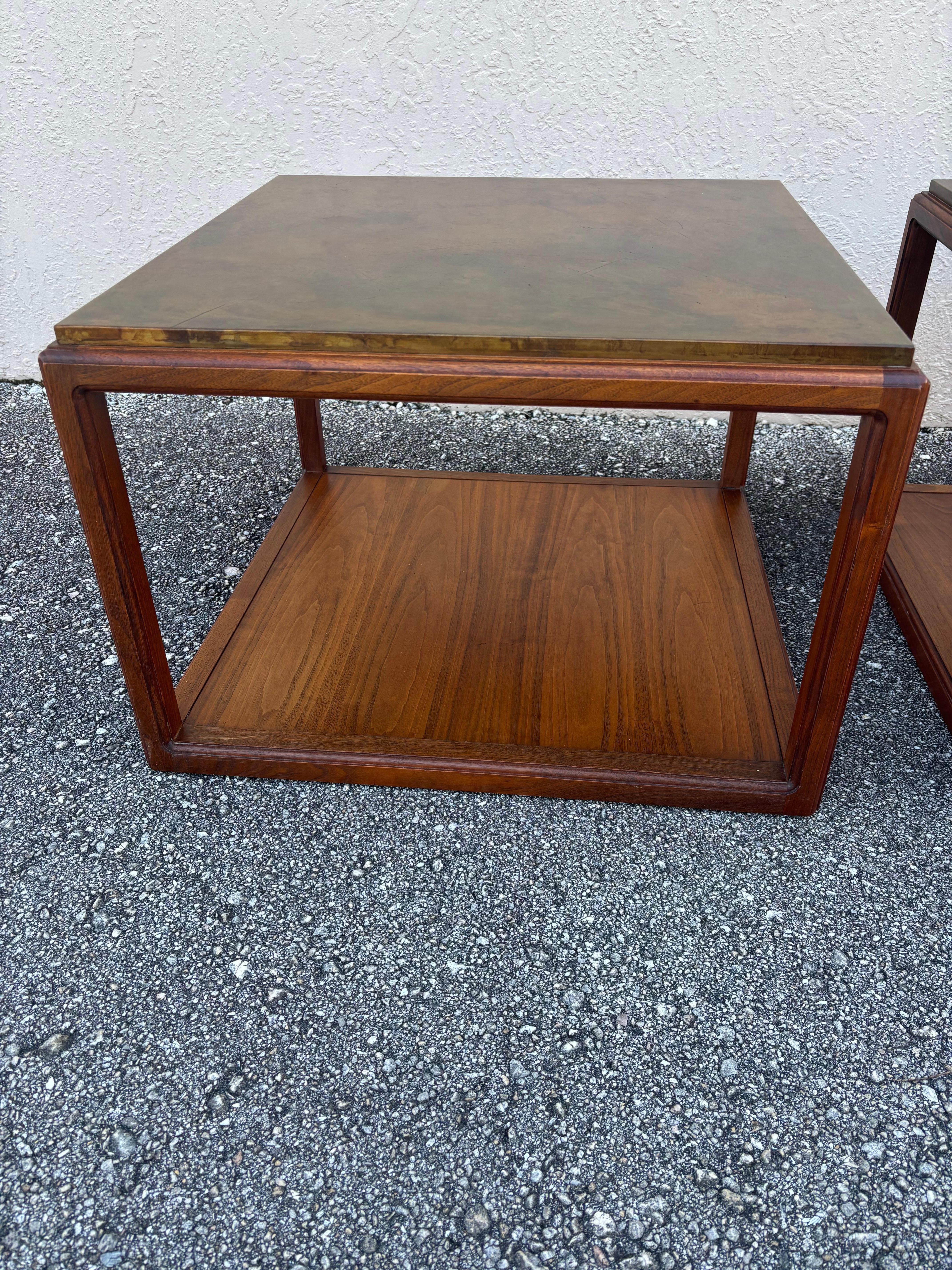 Walnut and Etched Brass side tables by Harry Lunstead For Sale 1