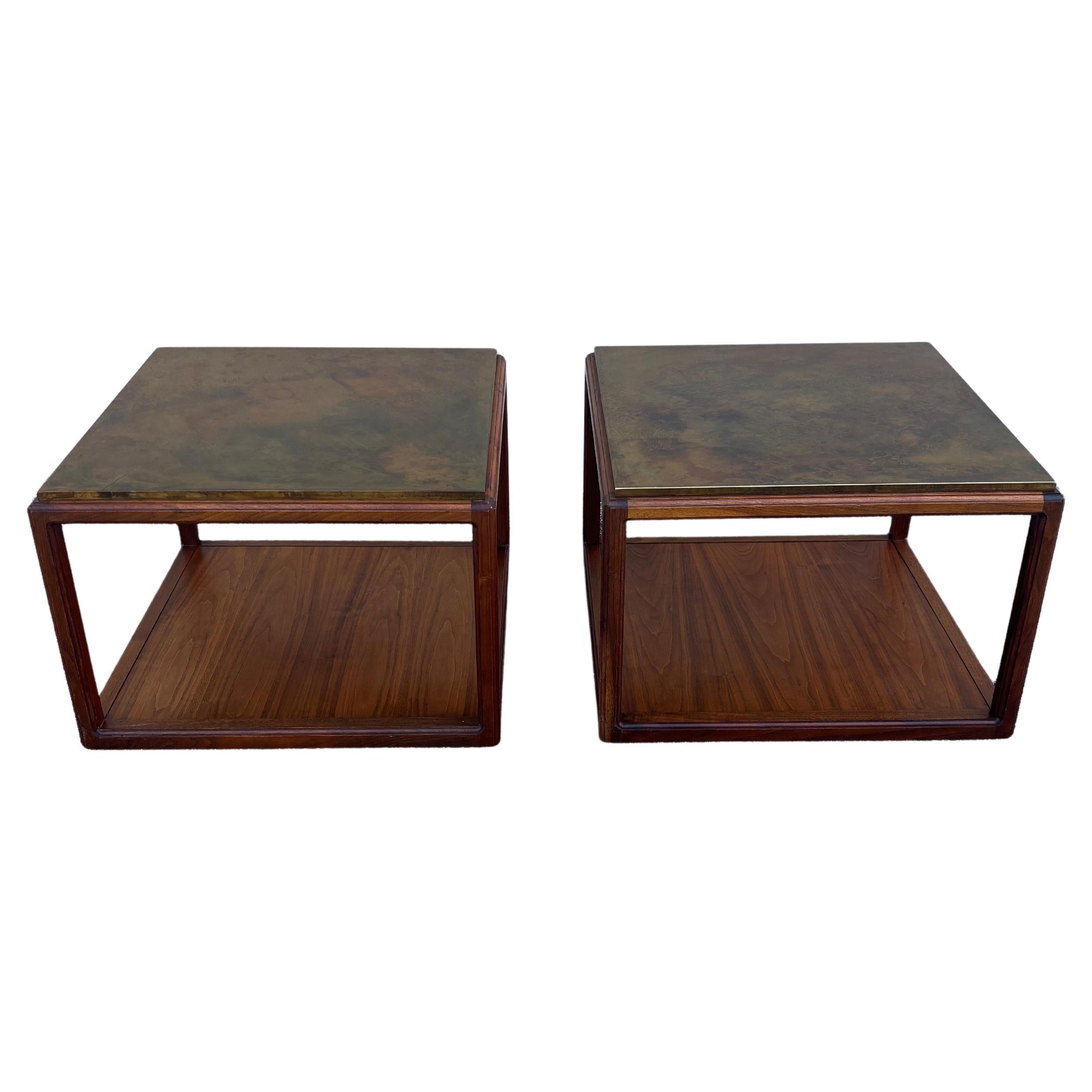 Walnut and Etched Brass side tables by Harry Lunstead For Sale