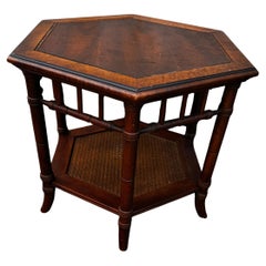 Walnut and Faux Bamboo Boho Chic Side Table with Cane Shelf