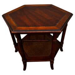 Walnut and Faux Bamboo Boho Chic Side Table with Cane Shelf