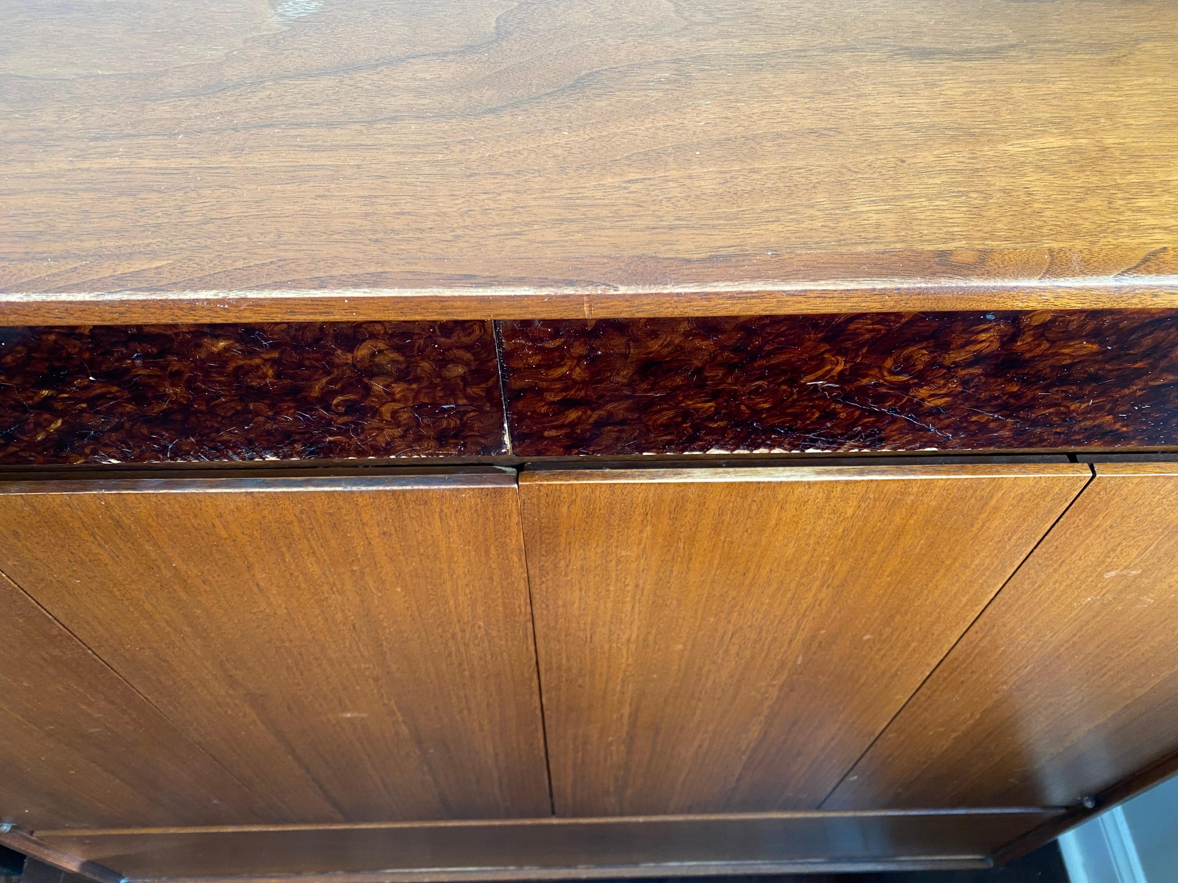20th Century Walnut and Faux Burl Mid-Century Highboy Cabinet by John Stuart, Mt. Airy For Sale