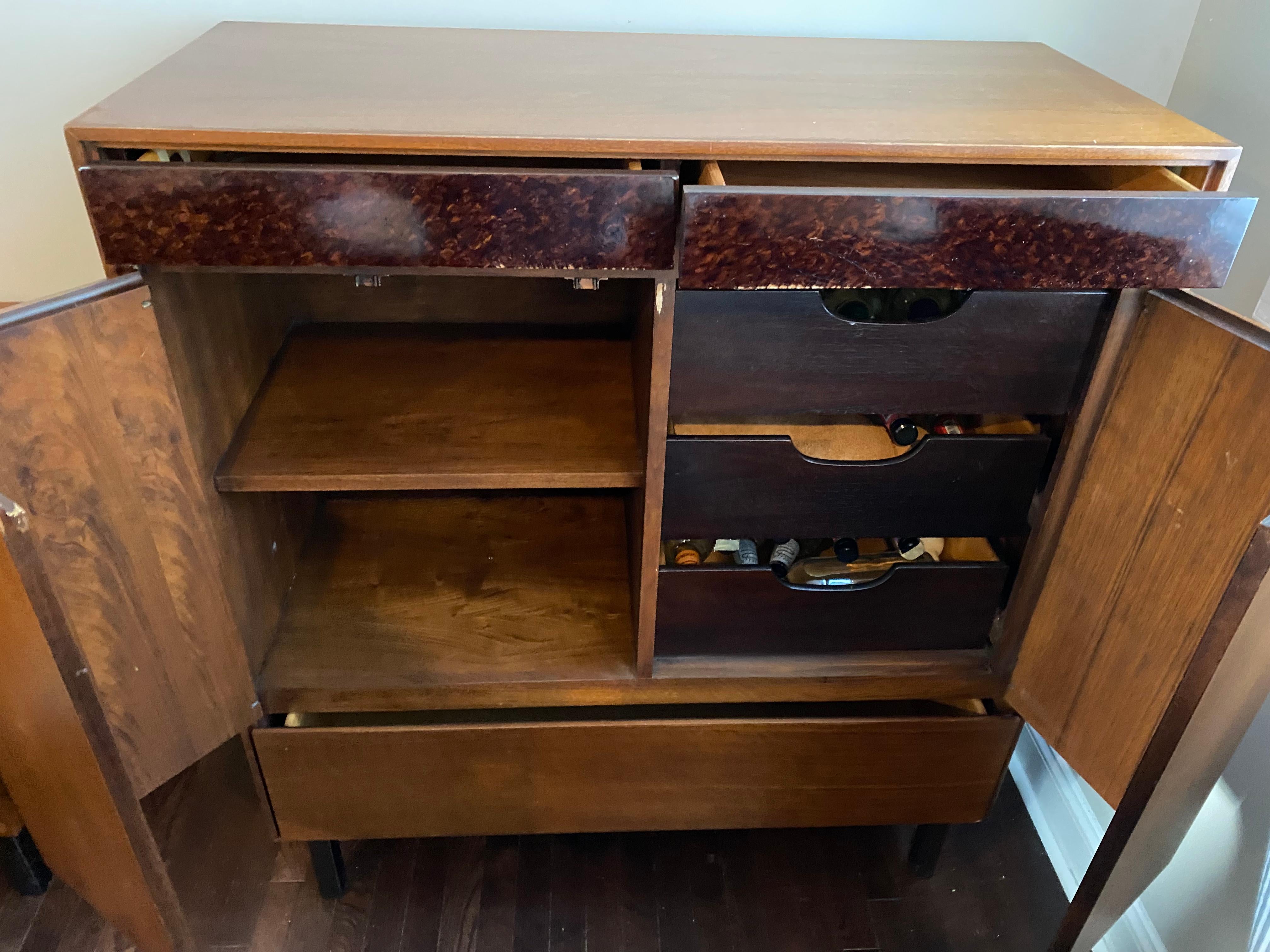 Walnut and Faux Burl Mid-Century Highboy Cabinet by John Stuart, Mt. Airy For Sale 2