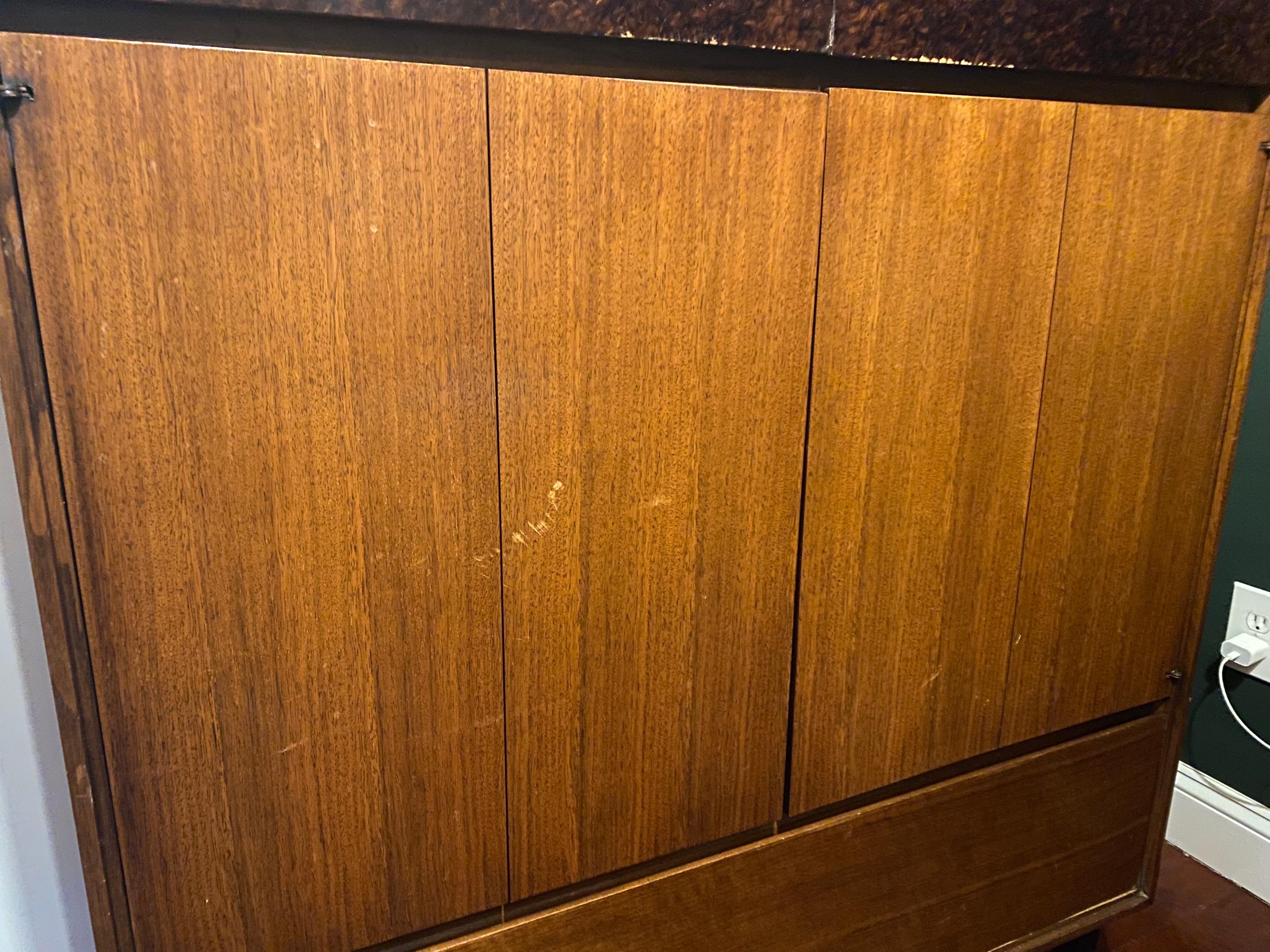 Walnut and Faux Burl Mid-Century Highboy Cabinet by John Stuart, Mt. Airy For Sale 8