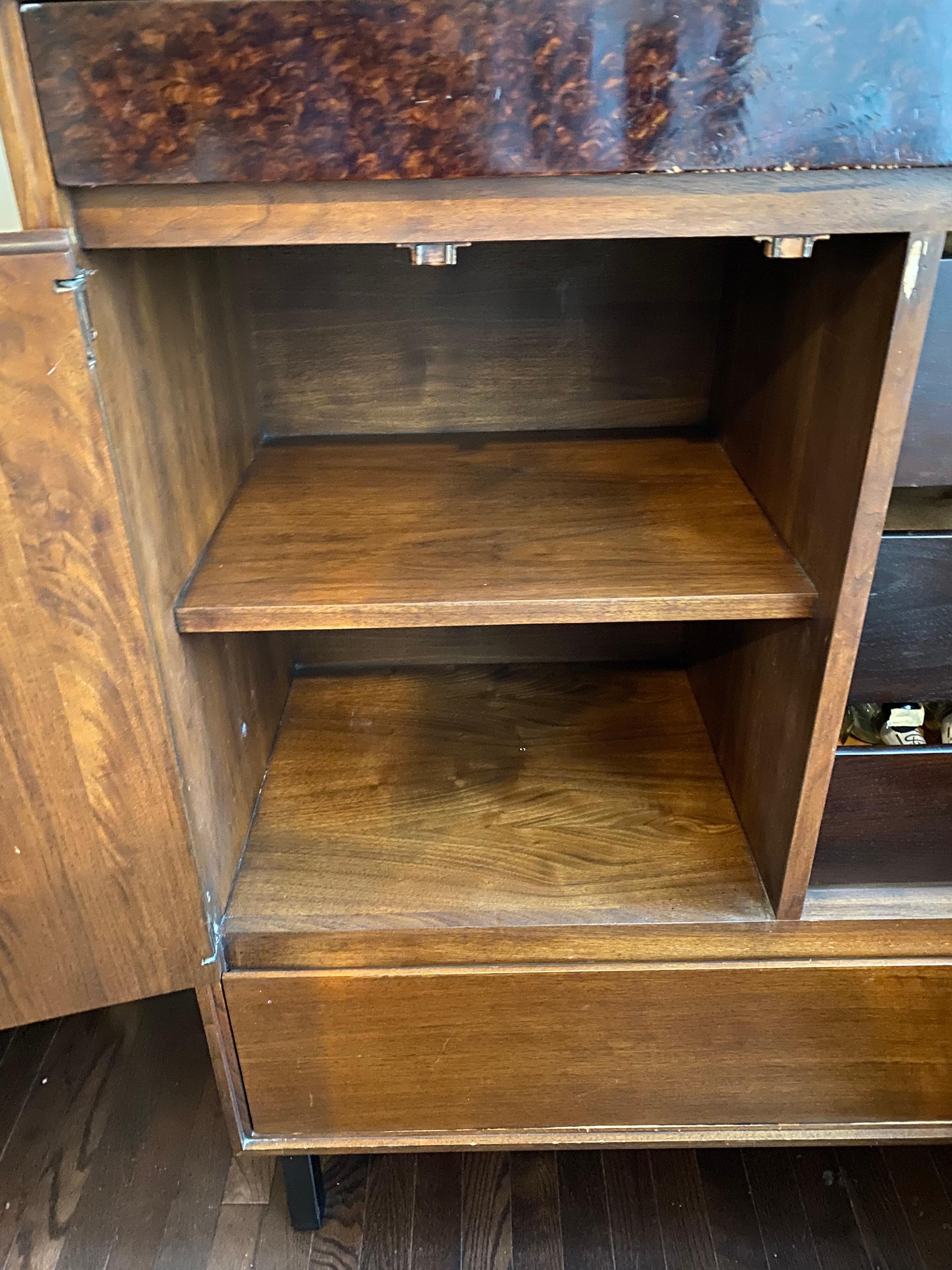 Walnut and Faux Burl Mid-Century Highboy Cabinet by John Stuart, Mt. Airy For Sale 5