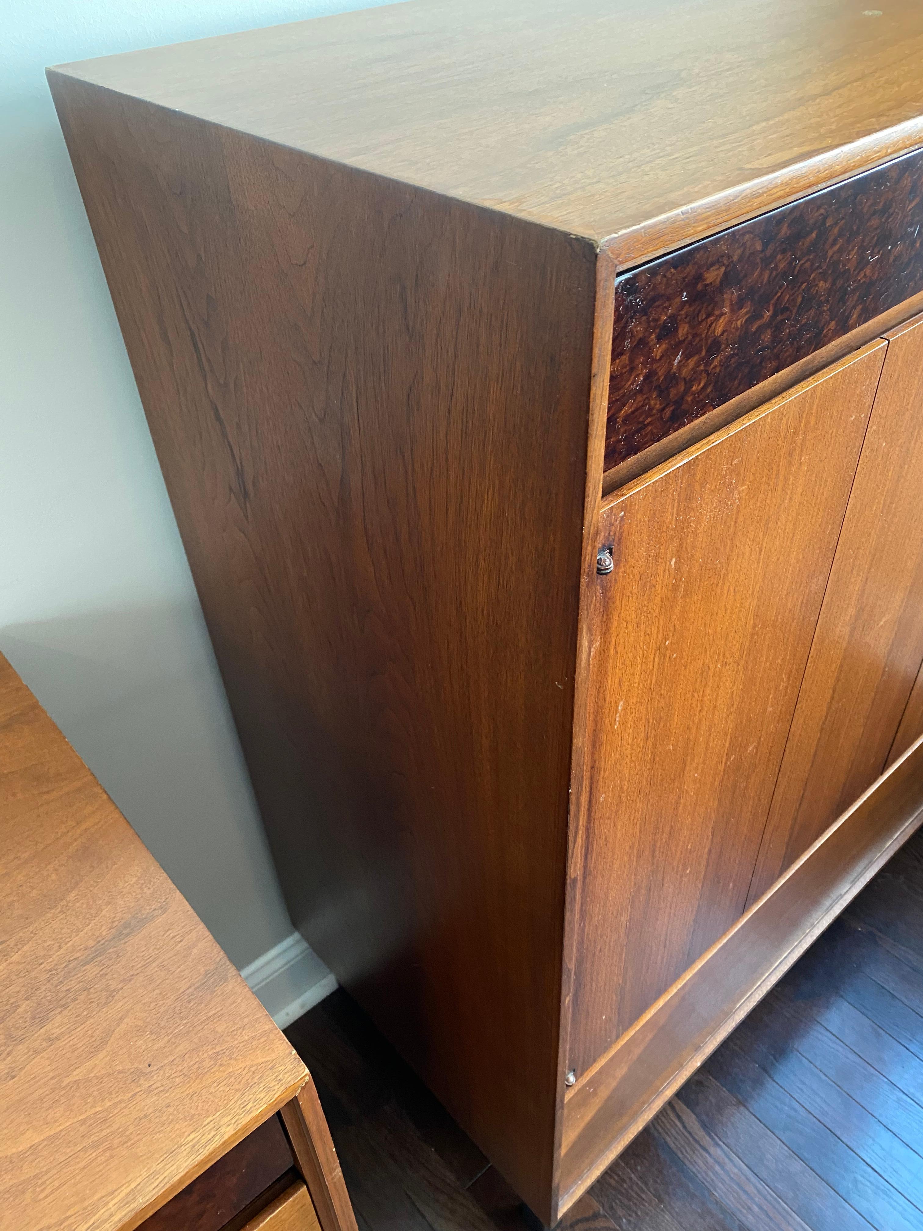 American Walnut and Faux Burl Mid-Century Highboy Cabinet by John Stuart, Mt. Airy For Sale