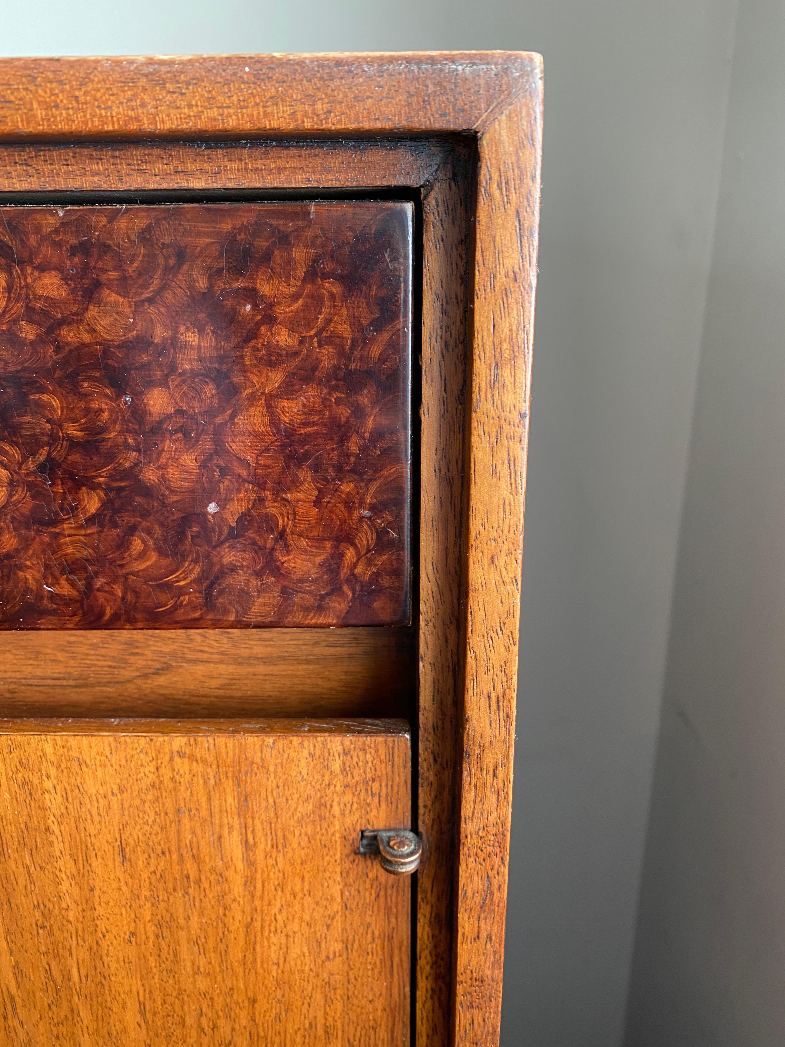 Walnut and Faux Burl Mid-Century Highboy Cabinet by John Stuart, Mt. Airy In Good Condition For Sale In Downingtown, PA