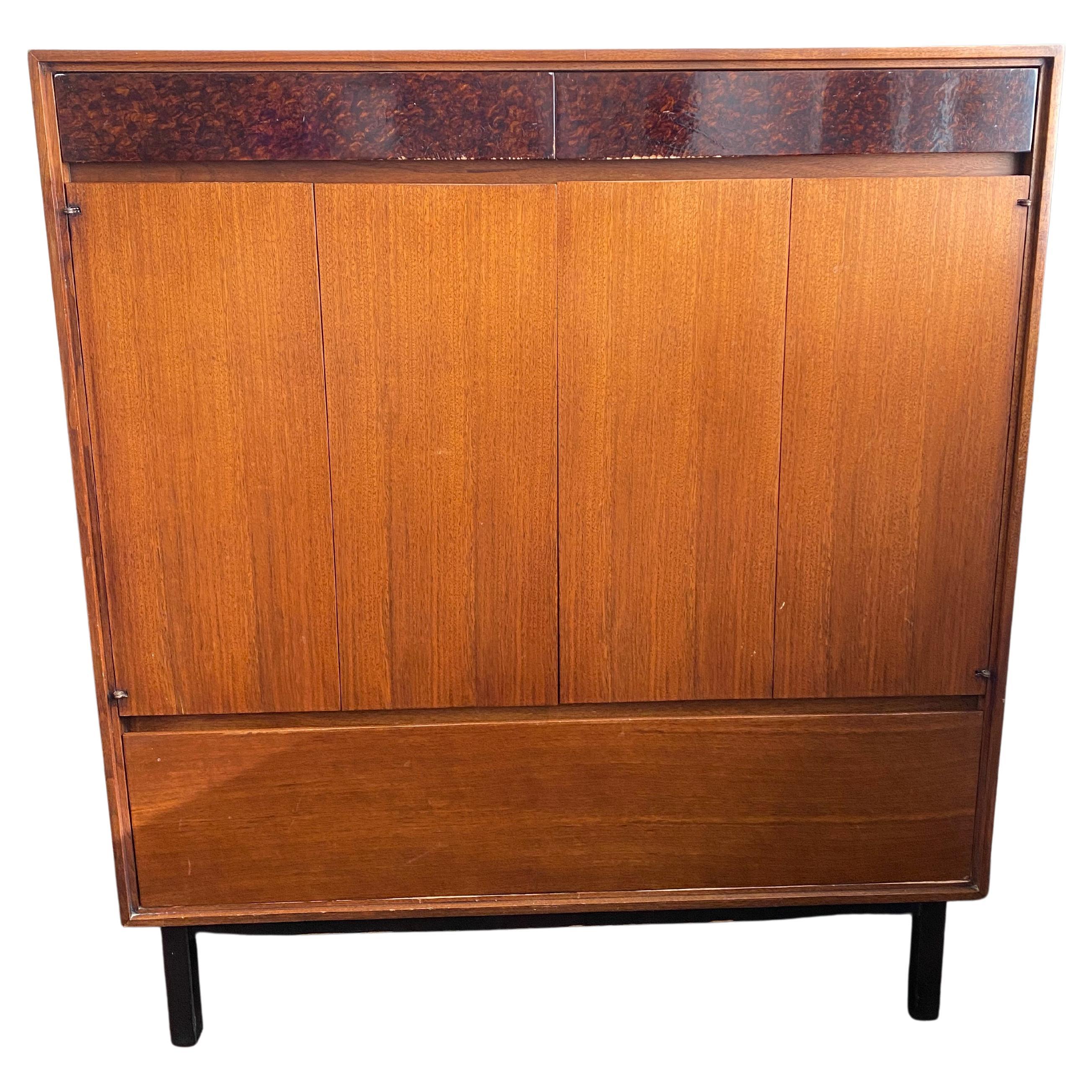 Walnut and Faux Burl Mid-Century Highboy Cabinet by John Stuart, Mt. Airy For Sale