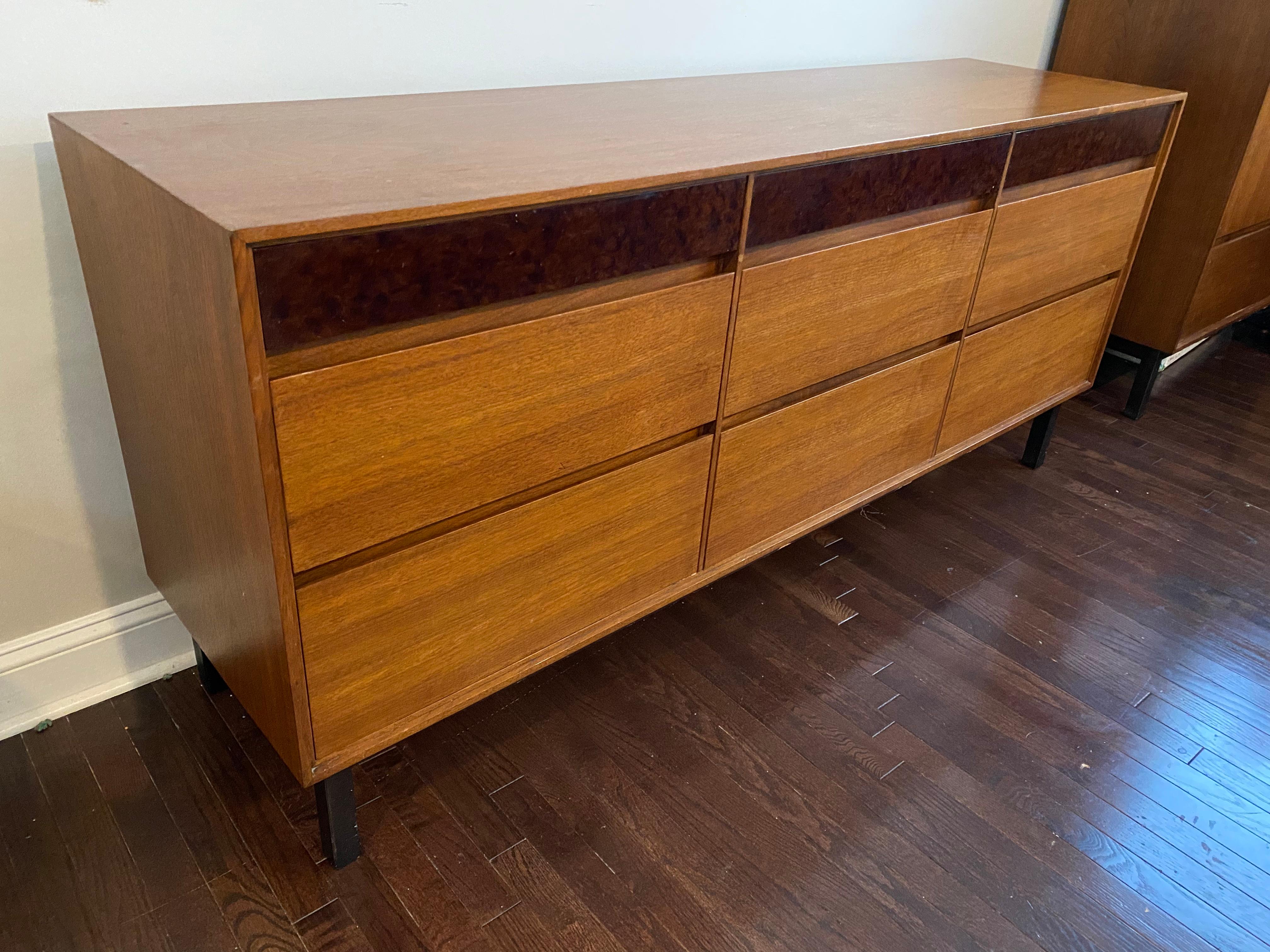 Walnut and Faux Burl Mid-Century Sideboard by John Stuart for Mt. Airy For Sale 1
