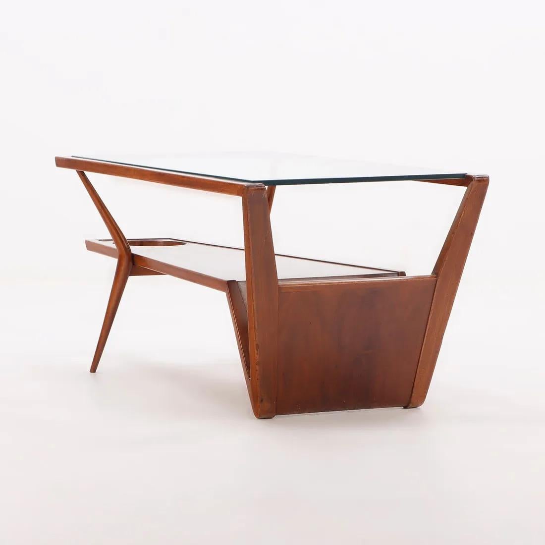 Mid-Century Modern Walnut and Glass Coffee Table w/ Magazine Holder For Sale