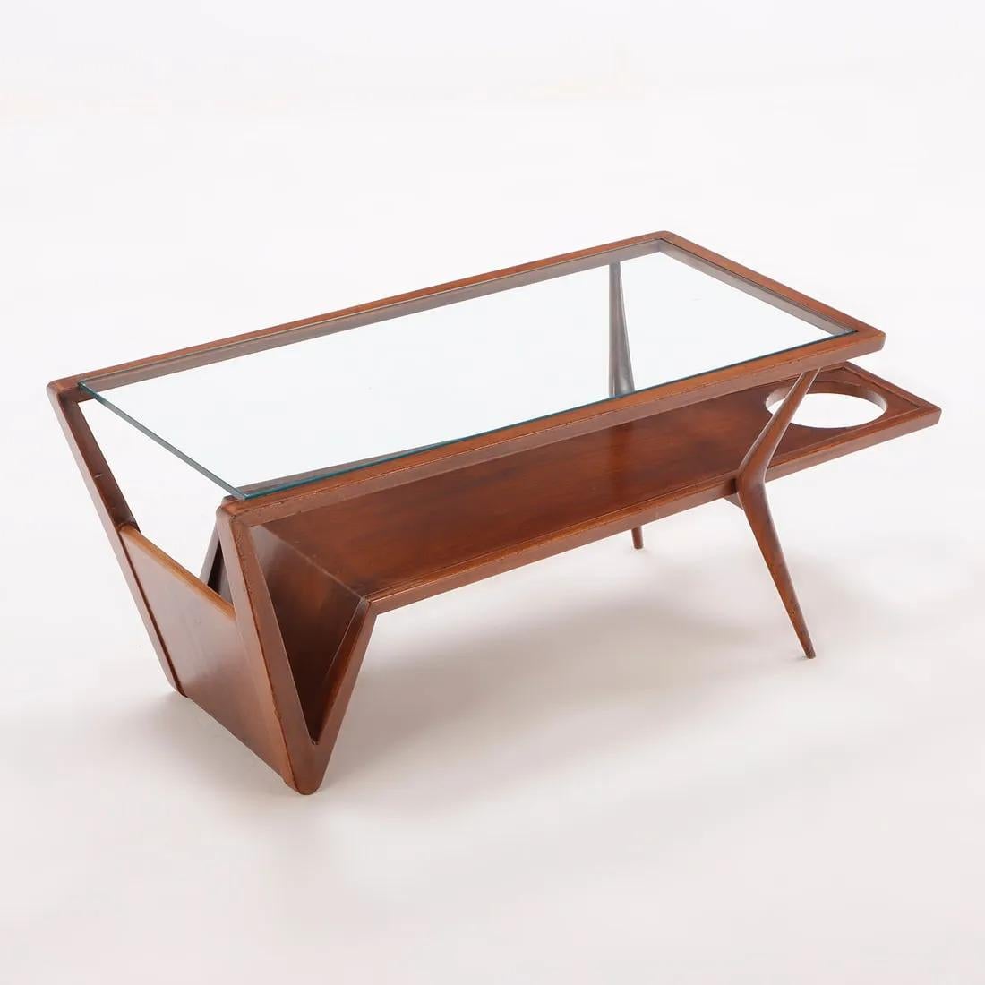 Mid-20th Century Walnut and Glass Coffee Table w/ Magazine Holder For Sale