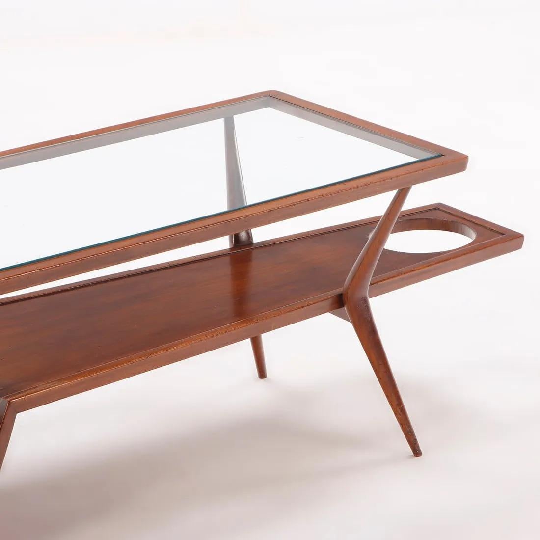 Walnut and Glass Coffee Table w/ Magazine Holder For Sale 1