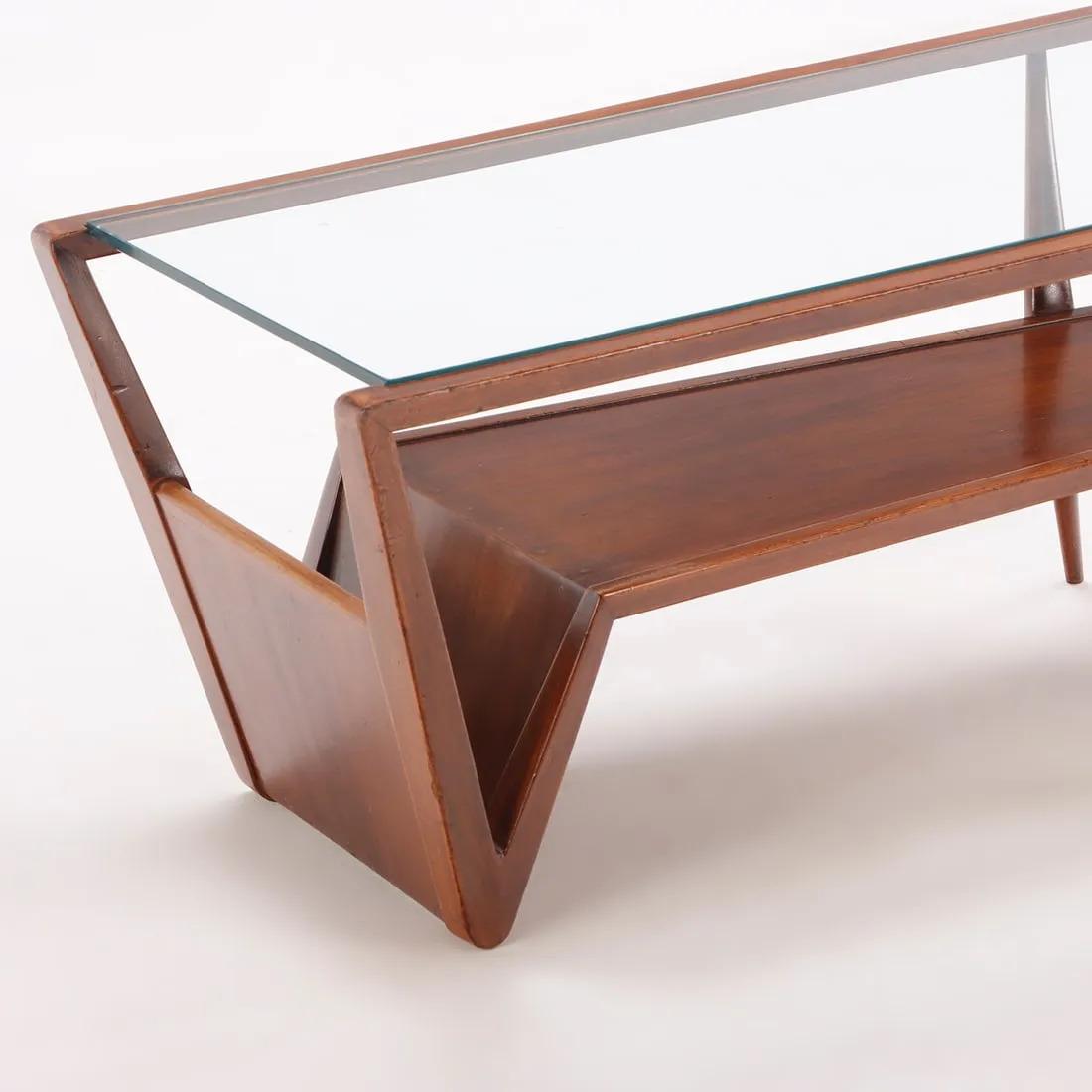 Walnut and Glass Coffee Table w/ Magazine Holder For Sale 2