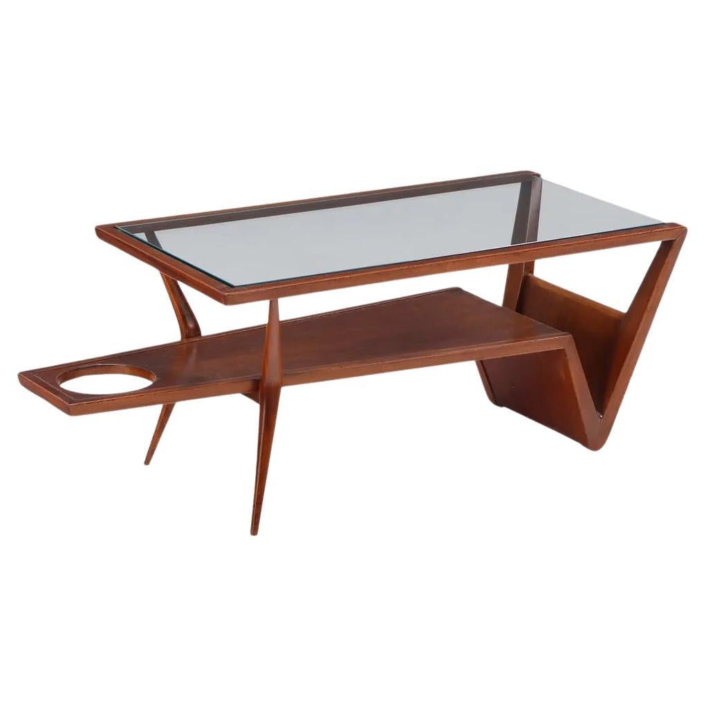 Walnut and Glass Coffee Table w/ Magazine Holder For Sale