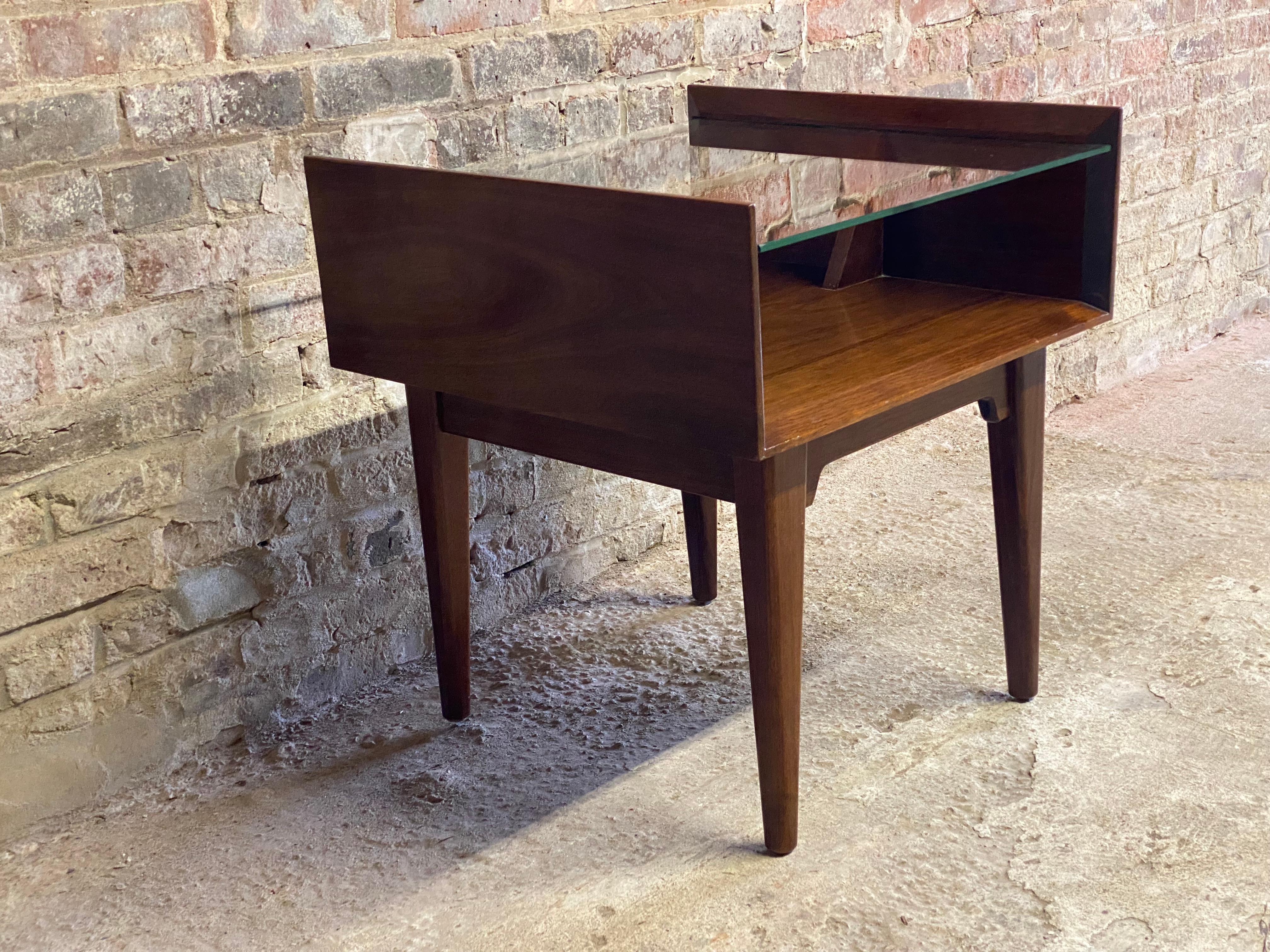 Mid-20th Century Walnut and Glass Mid-Century Modern End Table