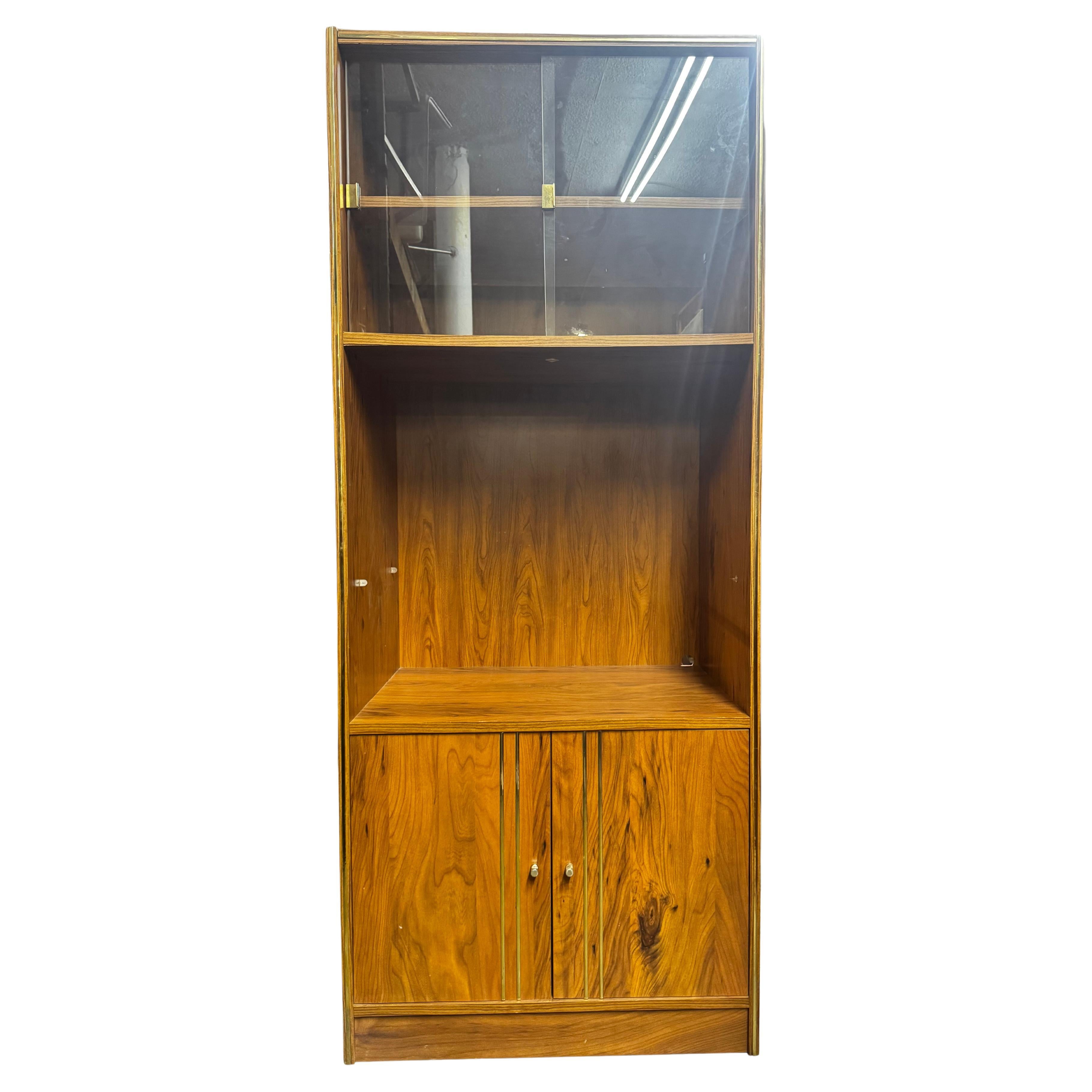 Walnut and Glass Modern Lighted Display Bookcase For Sale